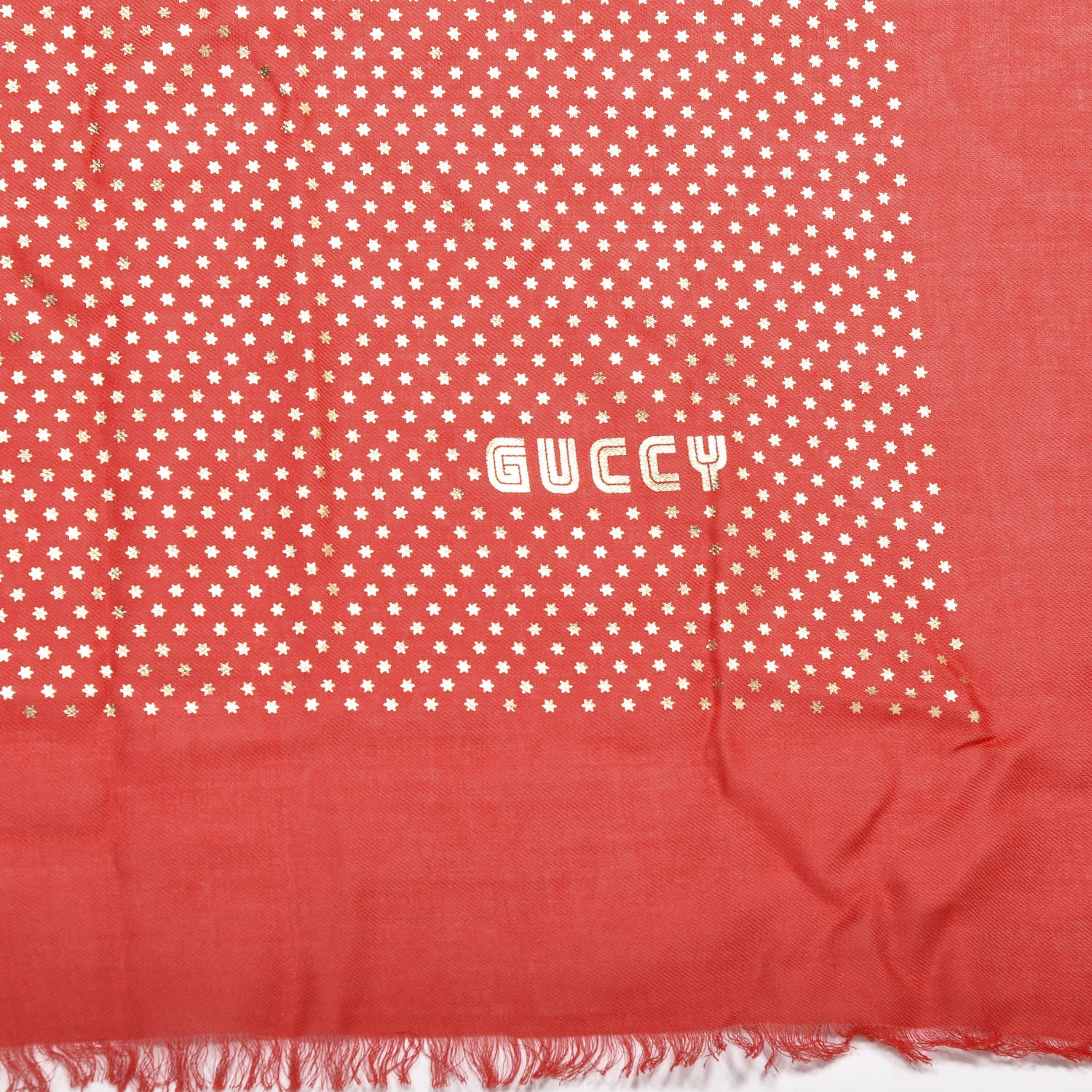 Gucci X SEGA Modal Cashmere GUCCY Stars Print Shawl Flame Red Gold 2 of 4