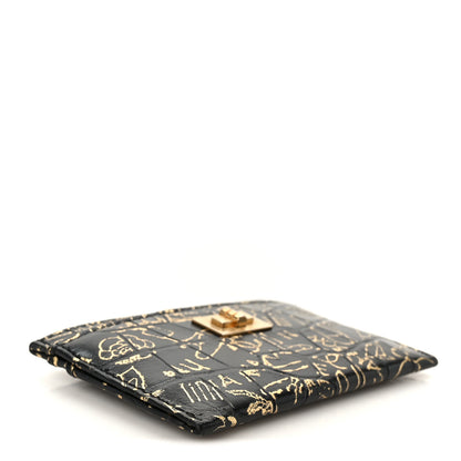 Chanel Calfskin Crocodile Embossed Graffiti 2.55 Cocodile Reissue Card Holder Black Gold 4 of 10