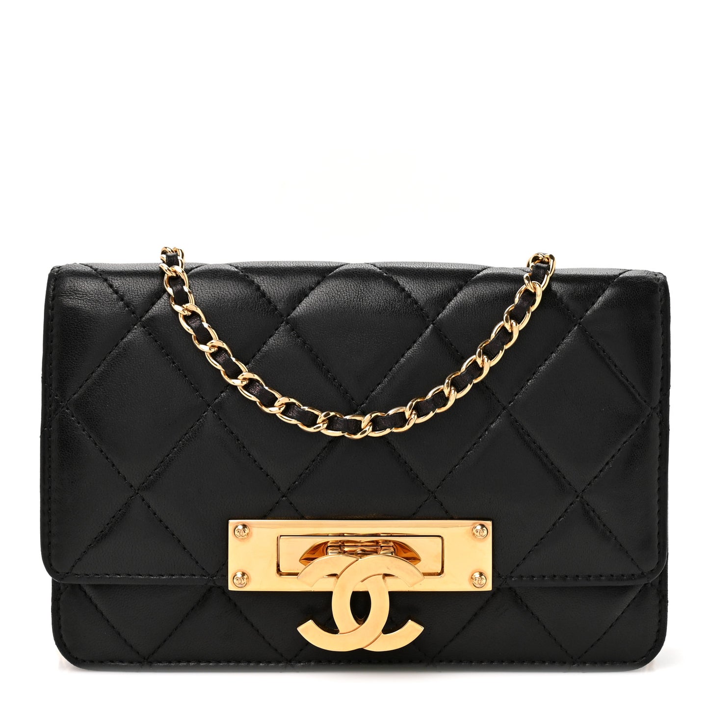 Lambskin Quilted Golden Class Wallet on Chain WOC Black