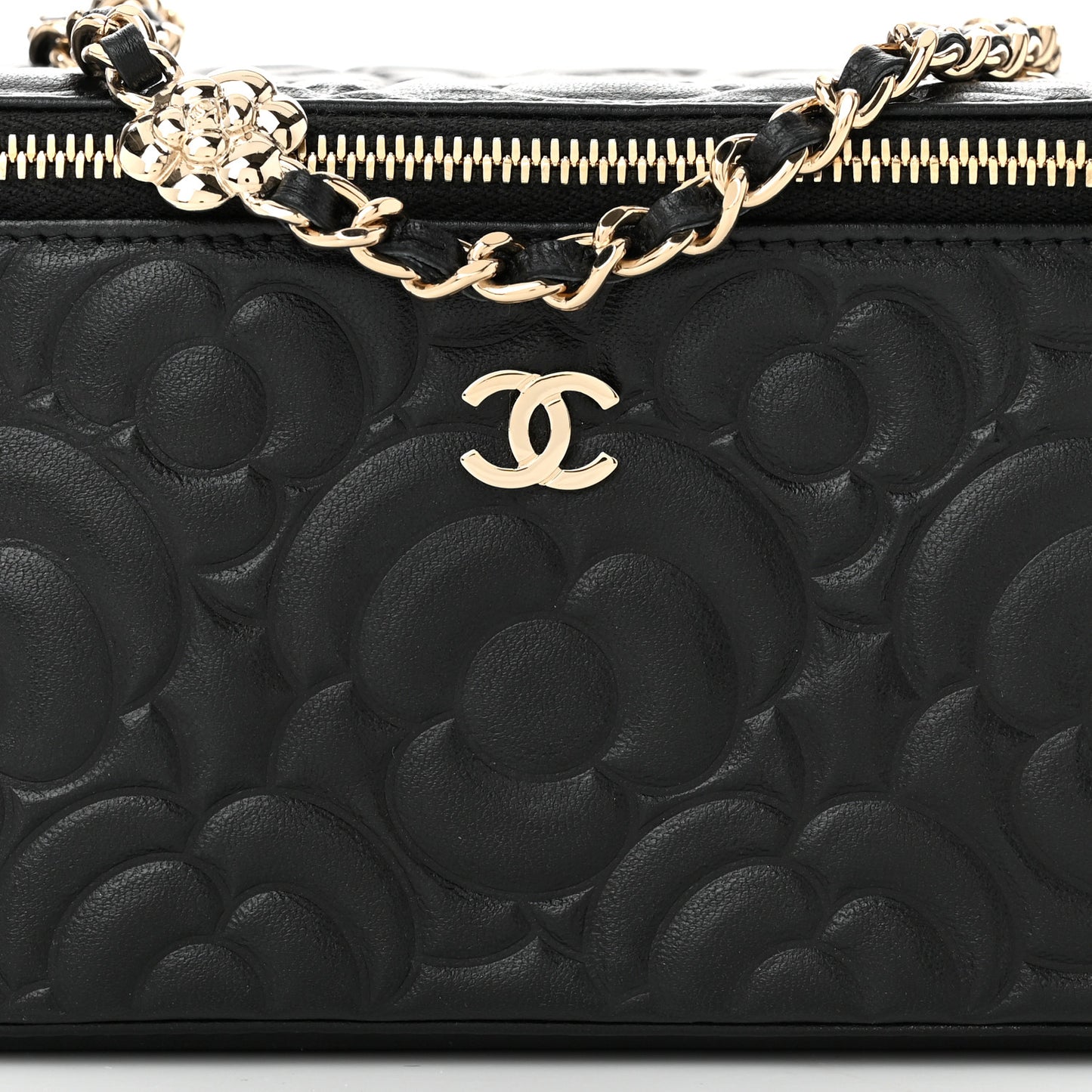 Lambskin Camellia Embossed Small Vanity Case With Chain Black