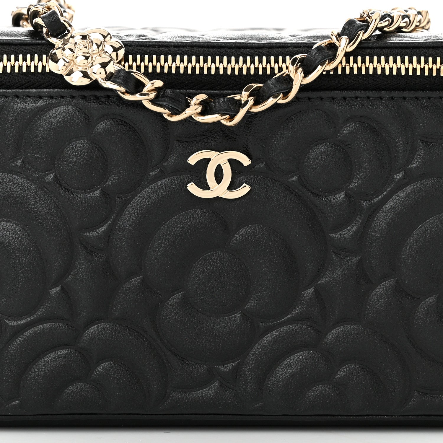 Chanel Lambskin Camellia Embossed Small Vanity Case With Chain Black 8 of 10