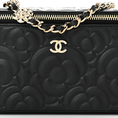 Chanel Lambskin Camellia Embossed Small Vanity Case With Chain Black 8 of 10