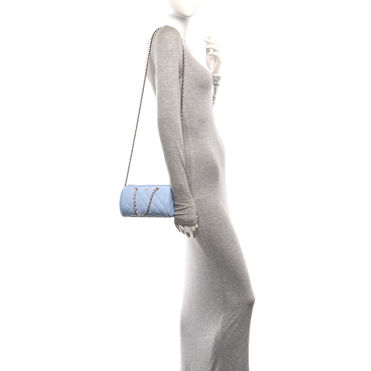 Caviar Quilted Barrel Clutch With Chain Light Blue