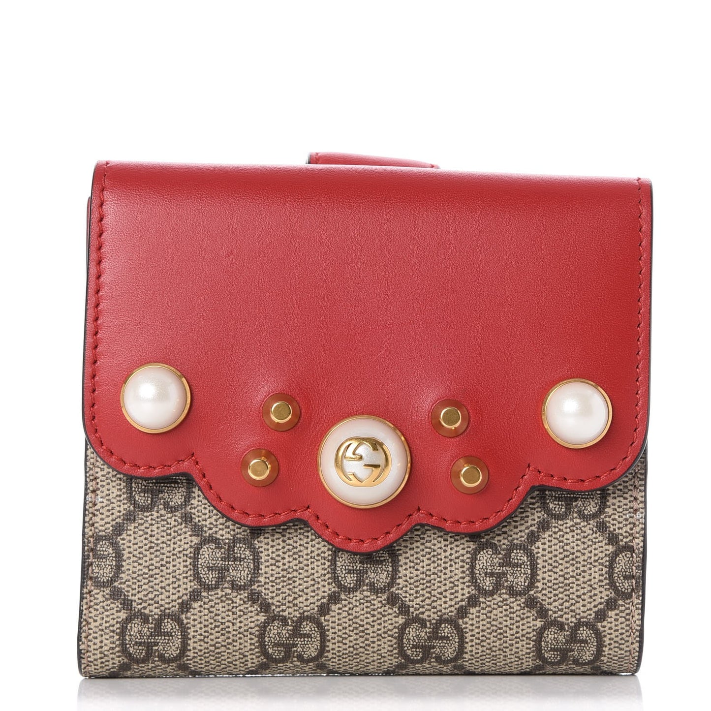 GG Supreme Monogram Pearl Studded French Wallet Beige Hibiscus Red