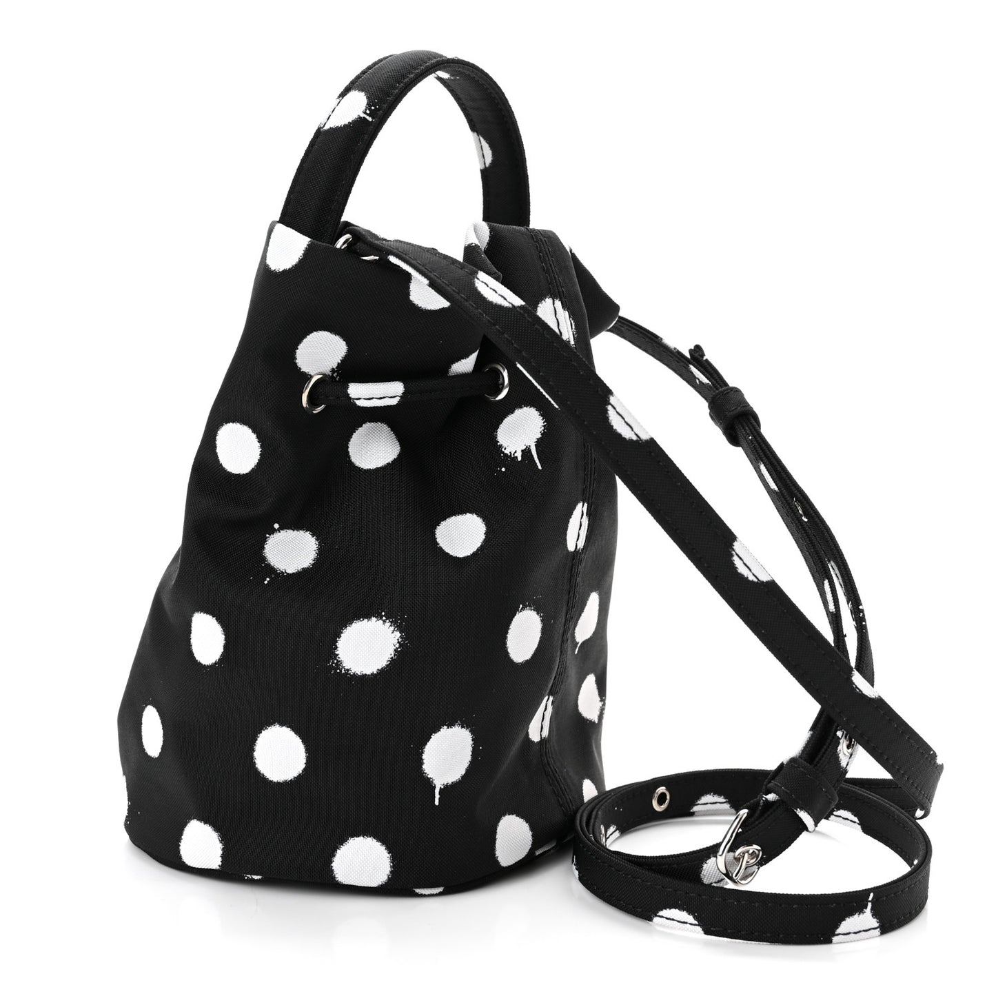 Recycled Sport Nylon Polka Dot Logo Embroidered Wheel Drawstring Bucket Bag Black White