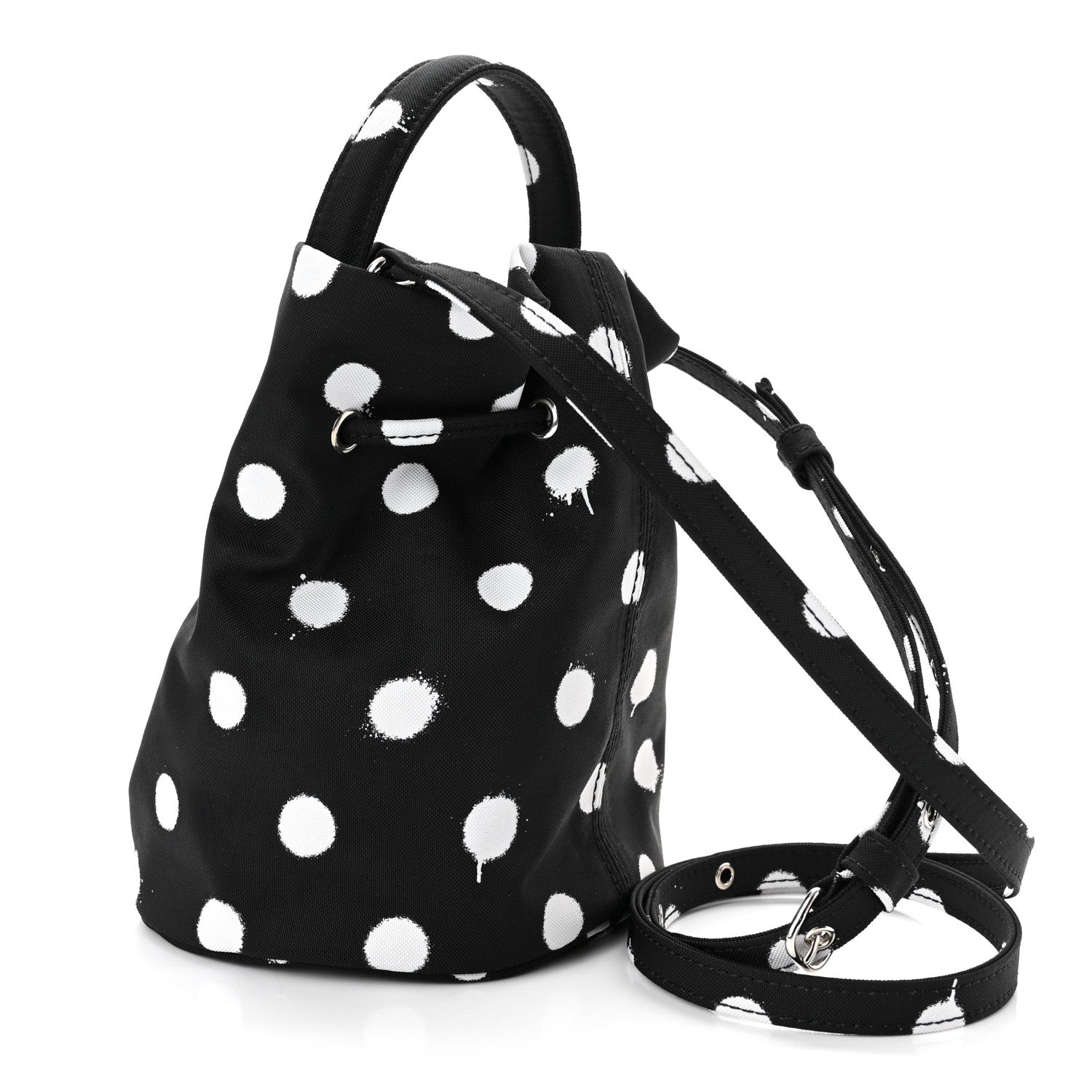 Balenciaga Recycled Sport Nylon Polka Dot Logo Embroidered Wheel Drawstring Bucket Bag Black White 3 of 10
