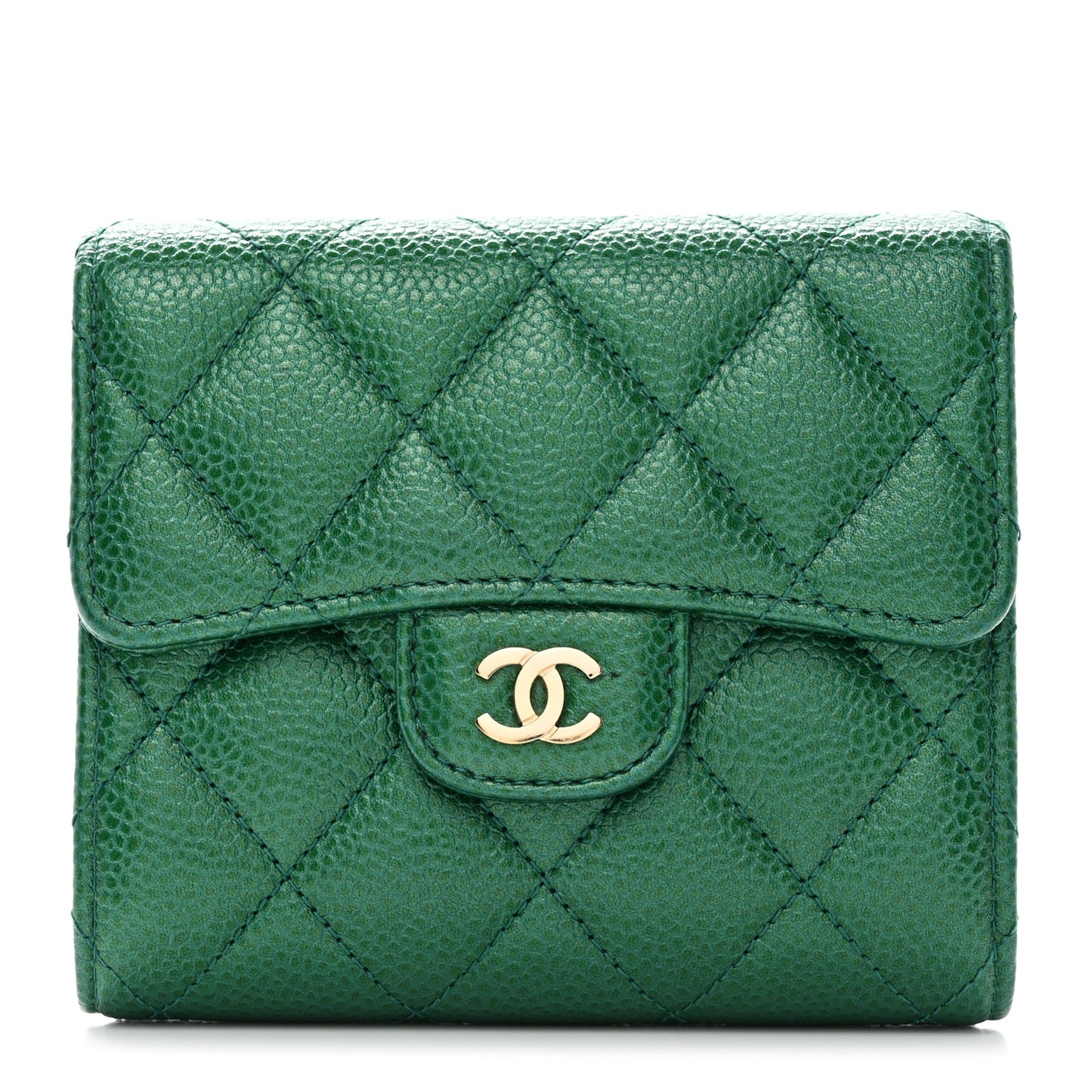 Metallic Caviar Quilted Compact Flap Wallet Green