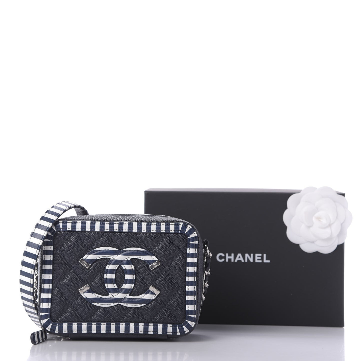 Caviar Quilted Striped Filigree Vanity Clutch With Chain Navy White