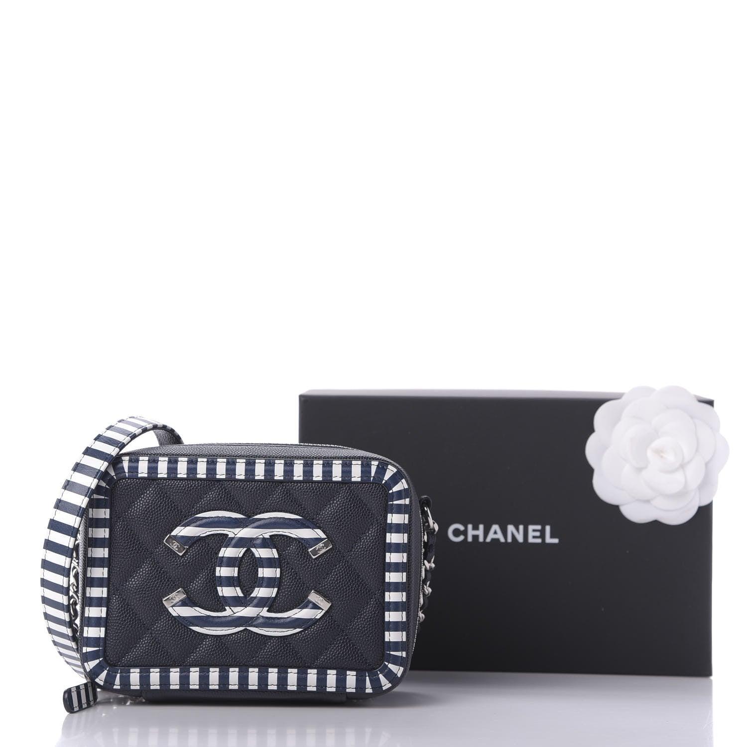 Chanel Caviar Quilted Striped Filigree Vanity Clutch With Chain Navy White 10 of 10