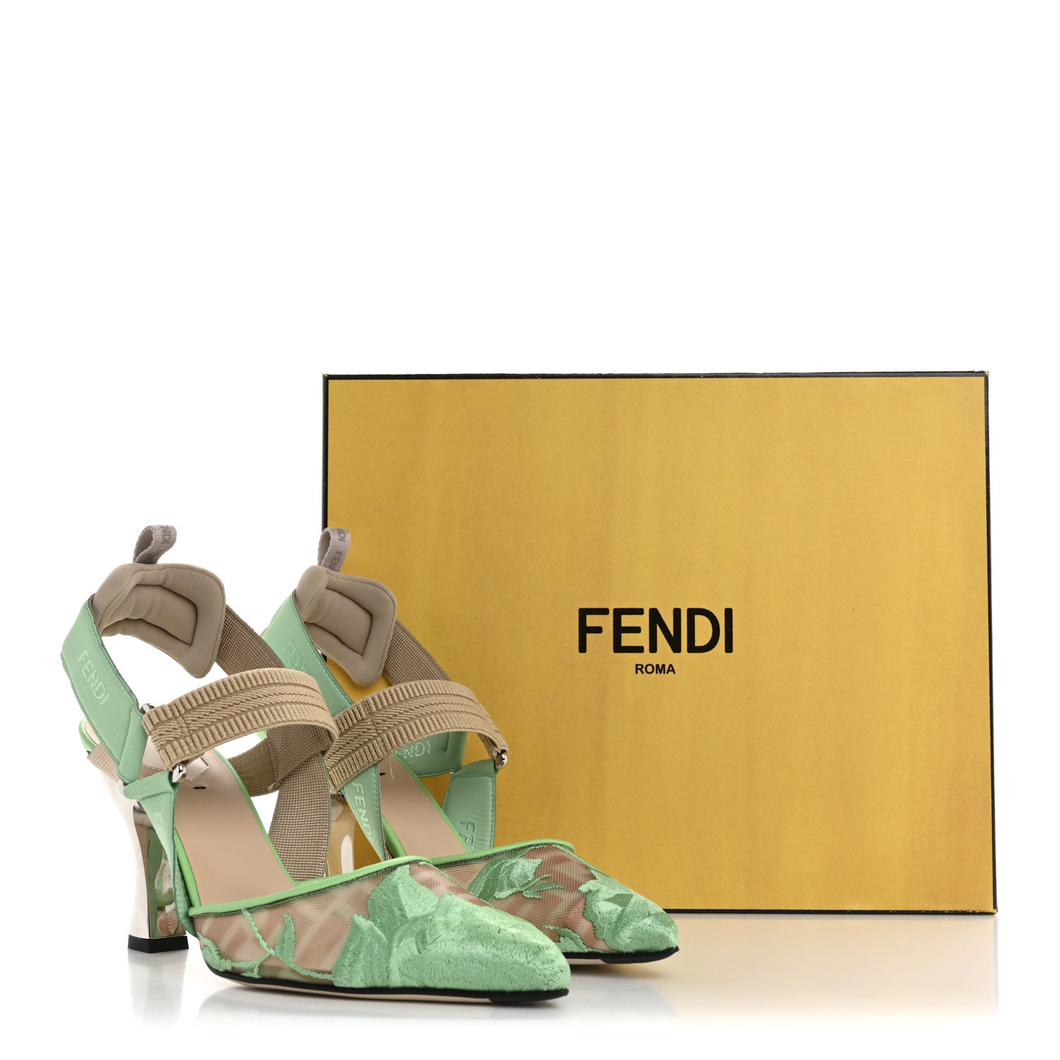 Fendi Mesh Vitello Floral Embroidered Colibri Lite 85mm Slingback Pumps 37 Edamame 10 of 10