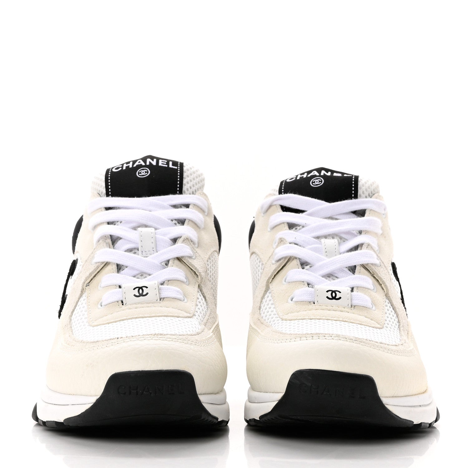 Chanel Mesh Suede Calfskin Grained Calfskin Womens CC Sneakers 39 White Black 2 of 8