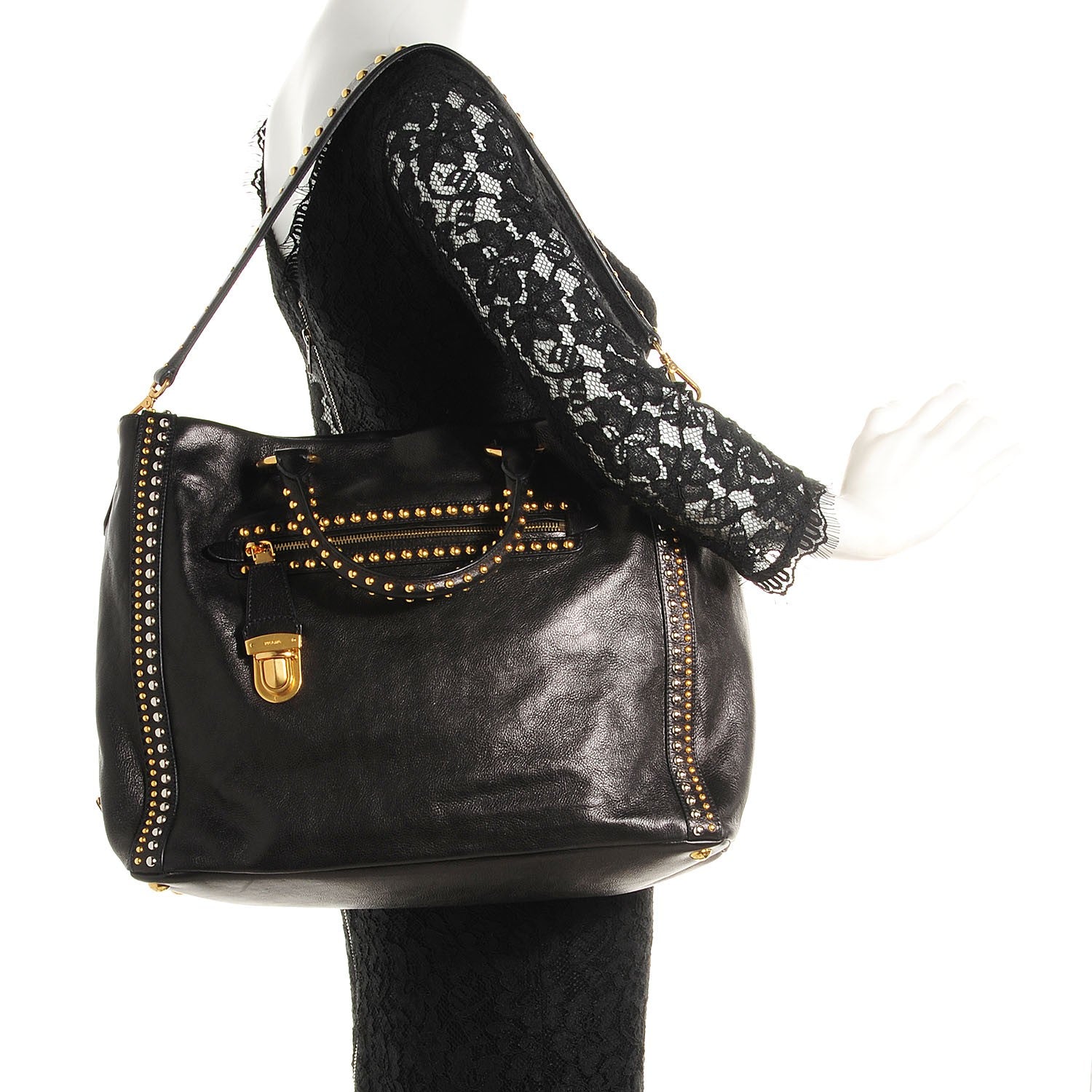 Prada Glace Calf Studded Tote Nero Black 2 of 11