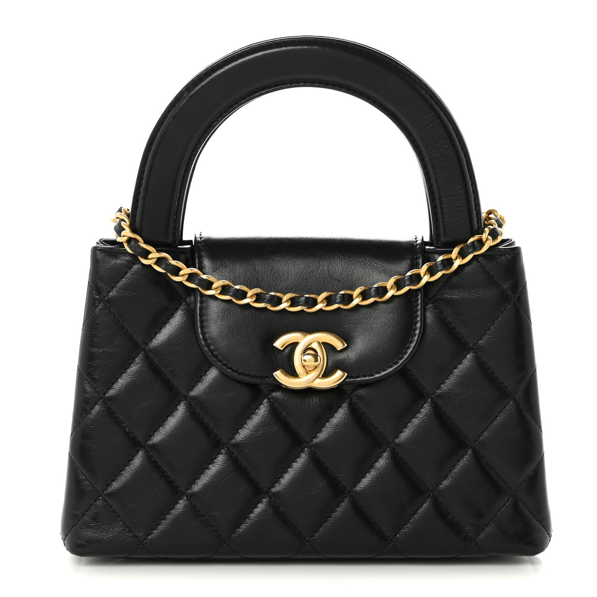 Shiny Aged Calfskin Quilted Nano Kelly Shopper Black