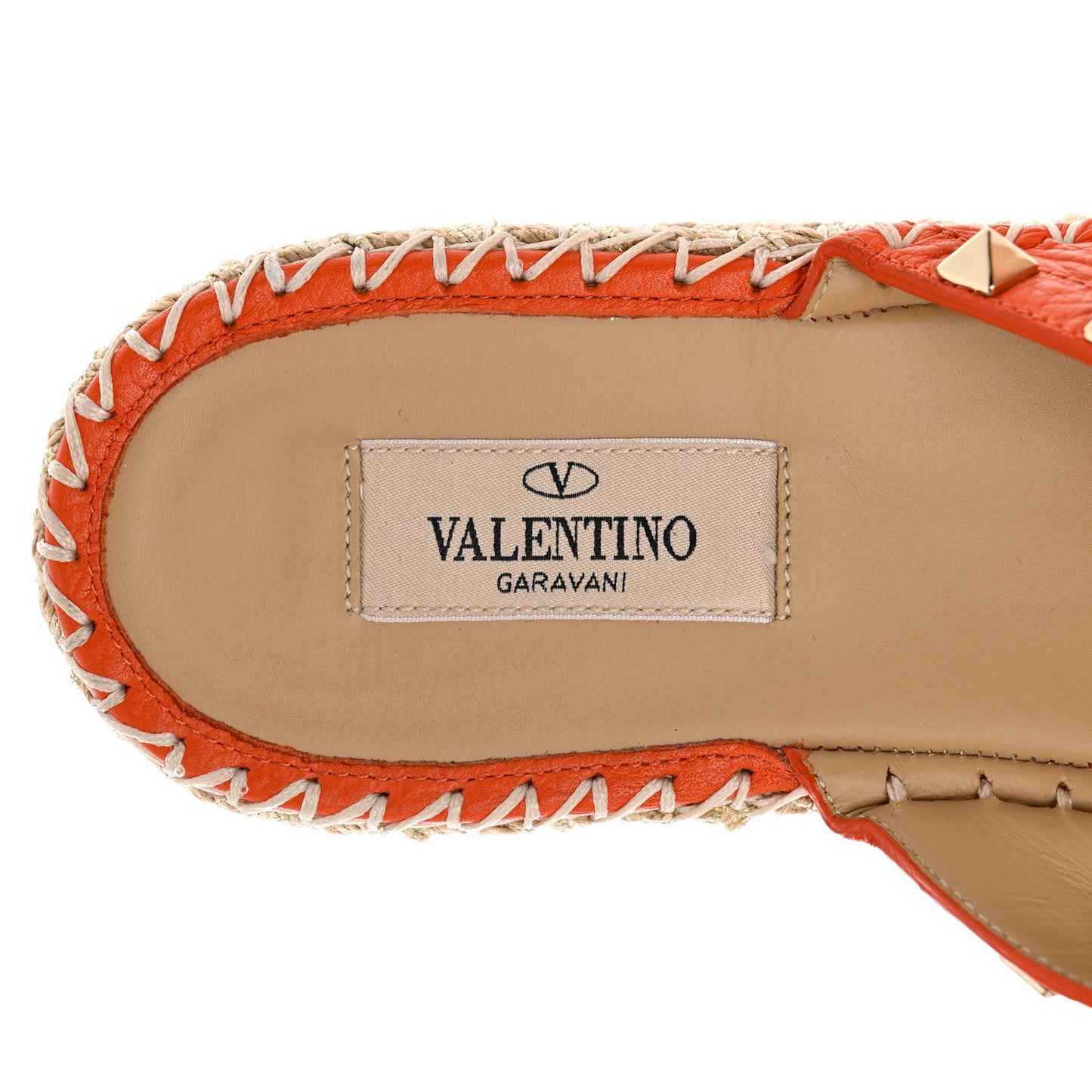 Grained Calfskin Rockstud Crisscross Espadrille Flat Slide Sandals 38 Titian