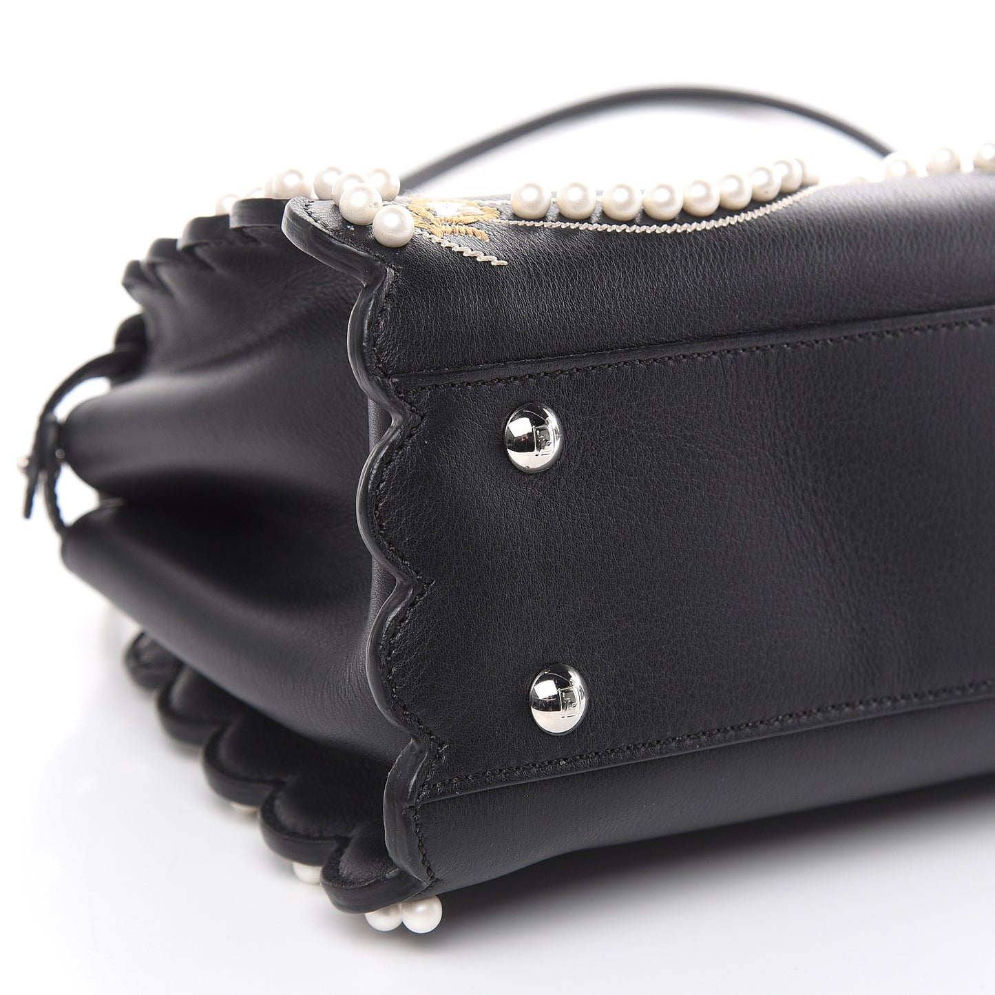 Calfskin Flowers and Bows Scalloped Mini Peekaboo Iconic Satchel Black Camelia