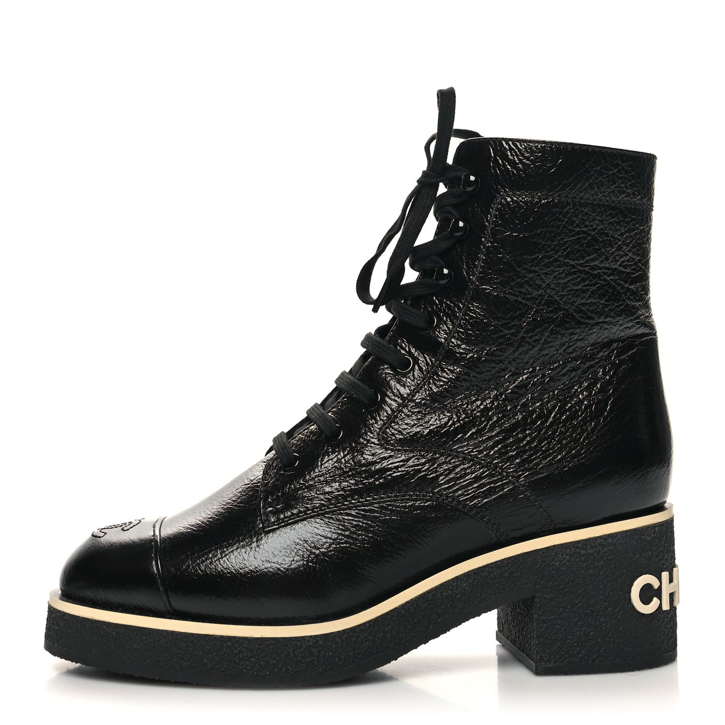 Shiny Crumpled Lambskin Lace Up Combat Boots 40.5 Black