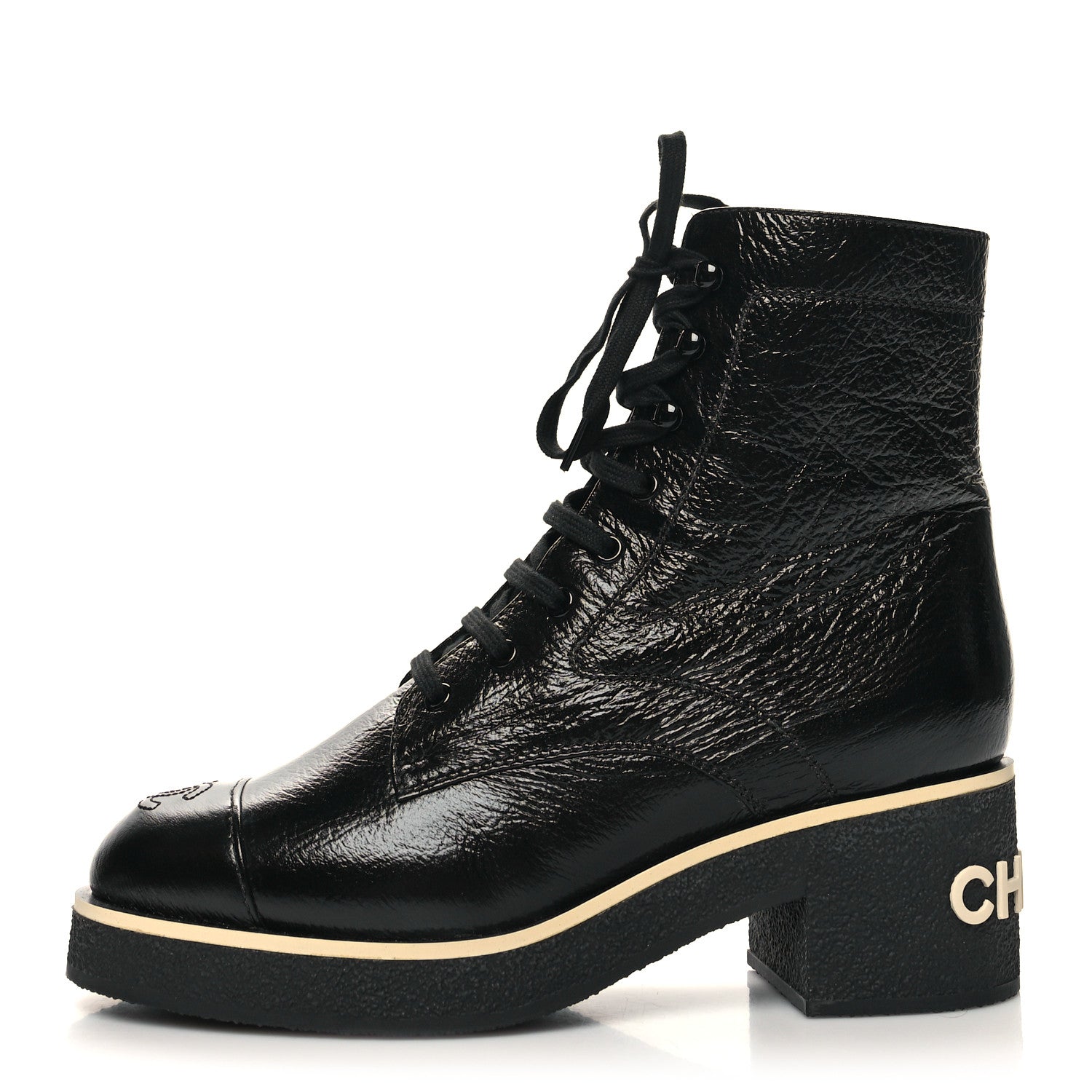 Chanel Shiny Crumpled Lambskin Lace Up Combat Boots 40.5 Black 1 of 8