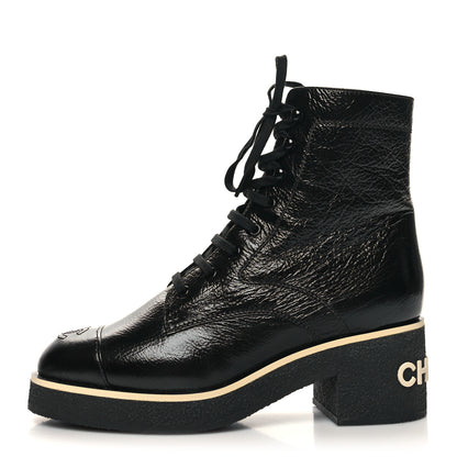 Chanel Shiny Crumpled Lambskin Lace Up Combat Boots 40.5 Black 1 of 8