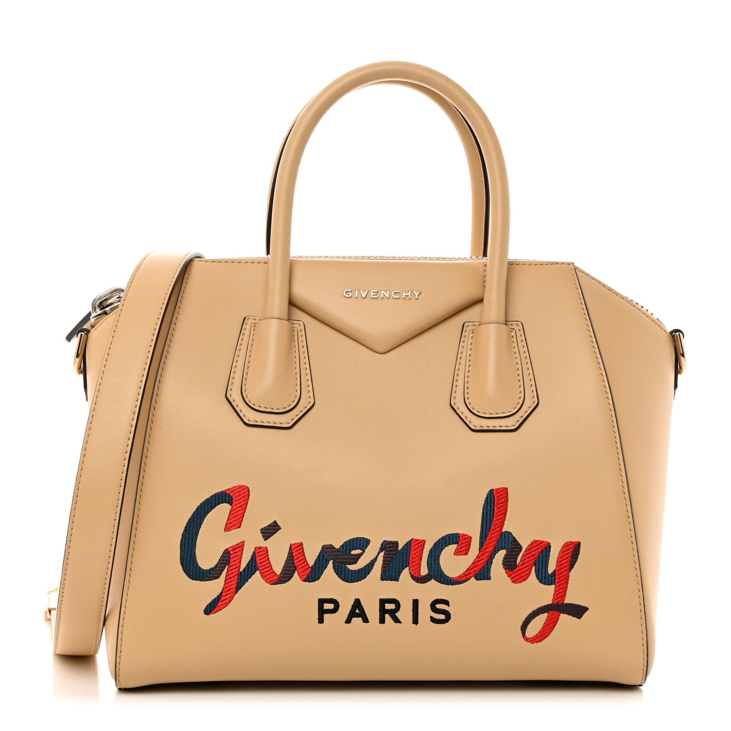 Calfskin Embroidered Logo Small Antigona Beige Camel