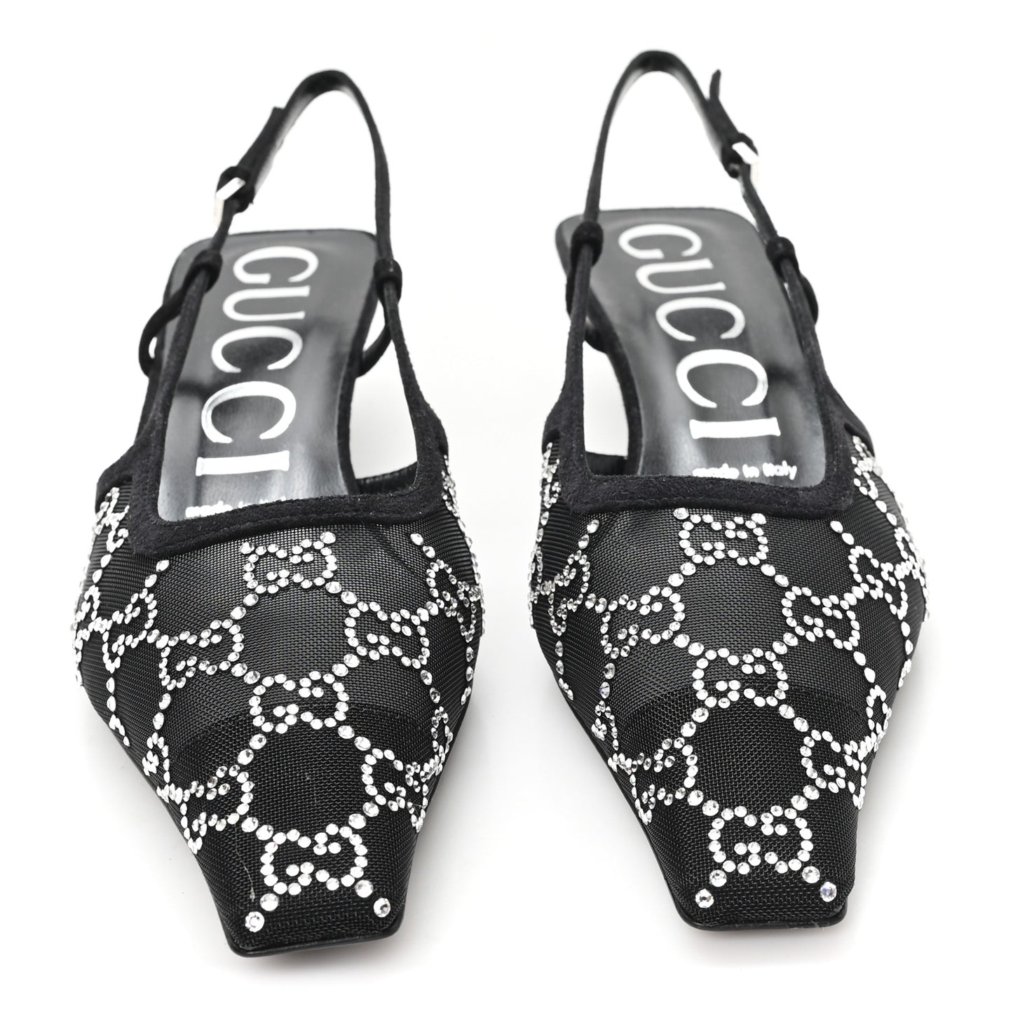 Tela Retino Kid Scamosciato Crystal GG Monogram Square G 35mm Slingback Pumps 37.5 Black