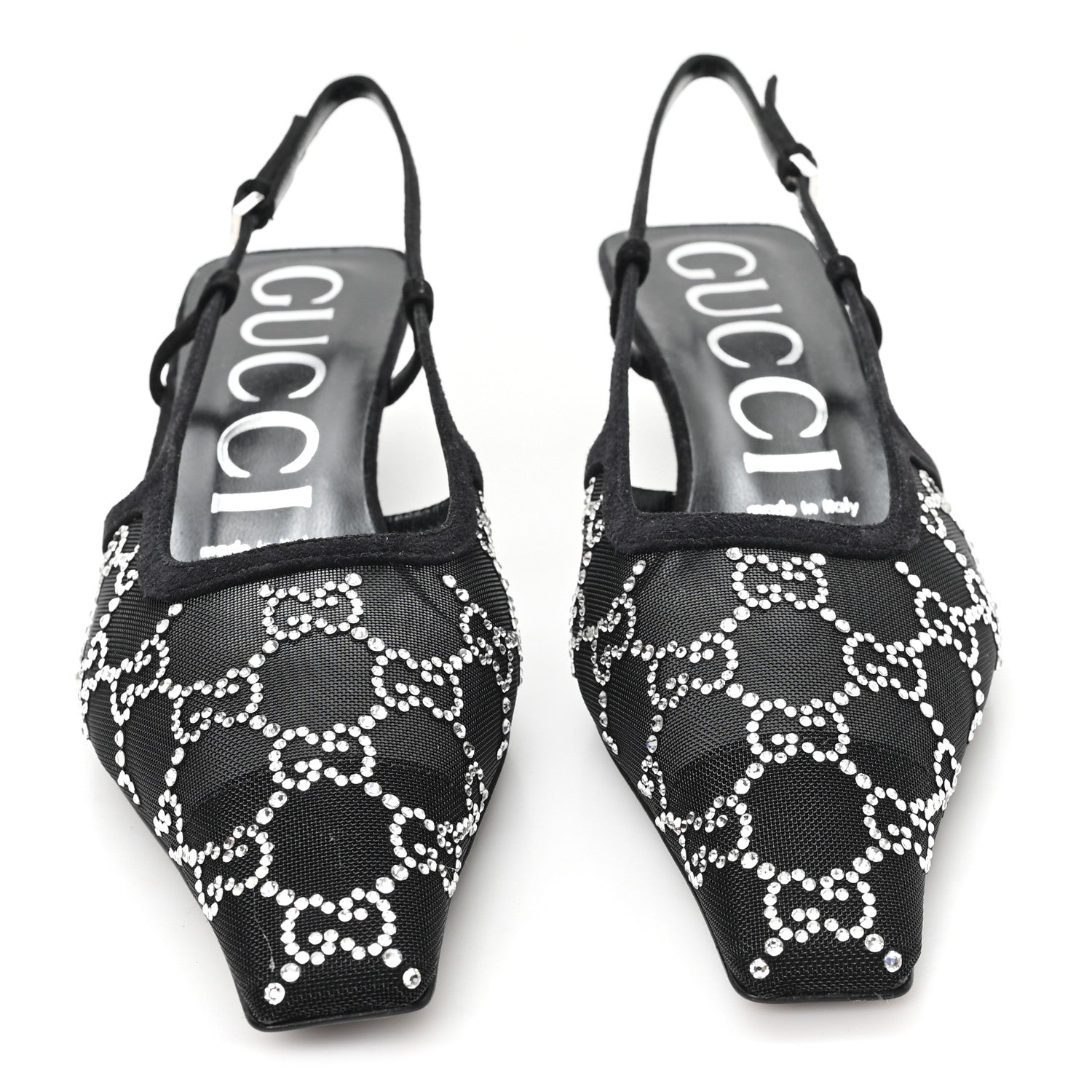 Gucci Tela Retino Kid Scamosciato Crystal GG Monogram Square G 35mm Slingback Pumps 37.5 Black 3 of 9