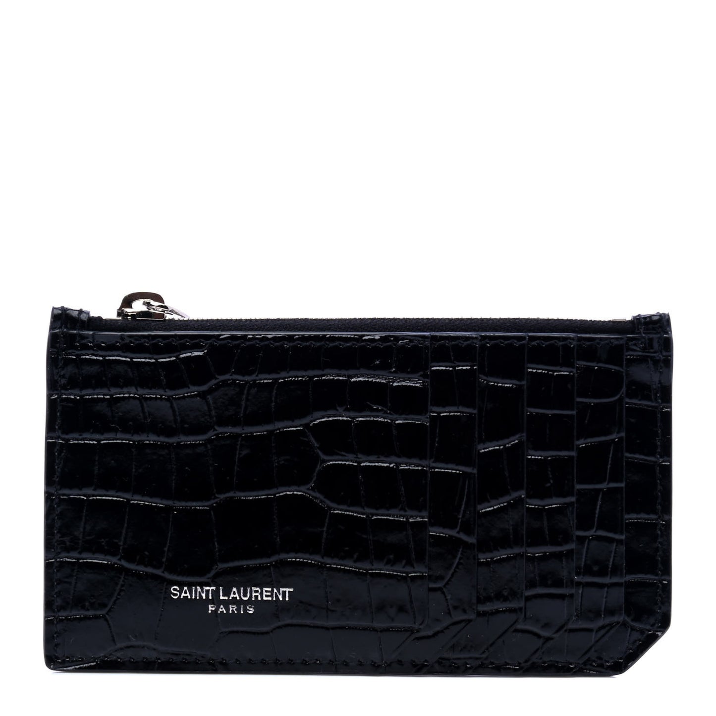 Calfskin Crocodile Embossed 5 Fragments Zip Pouch Card Holder Black