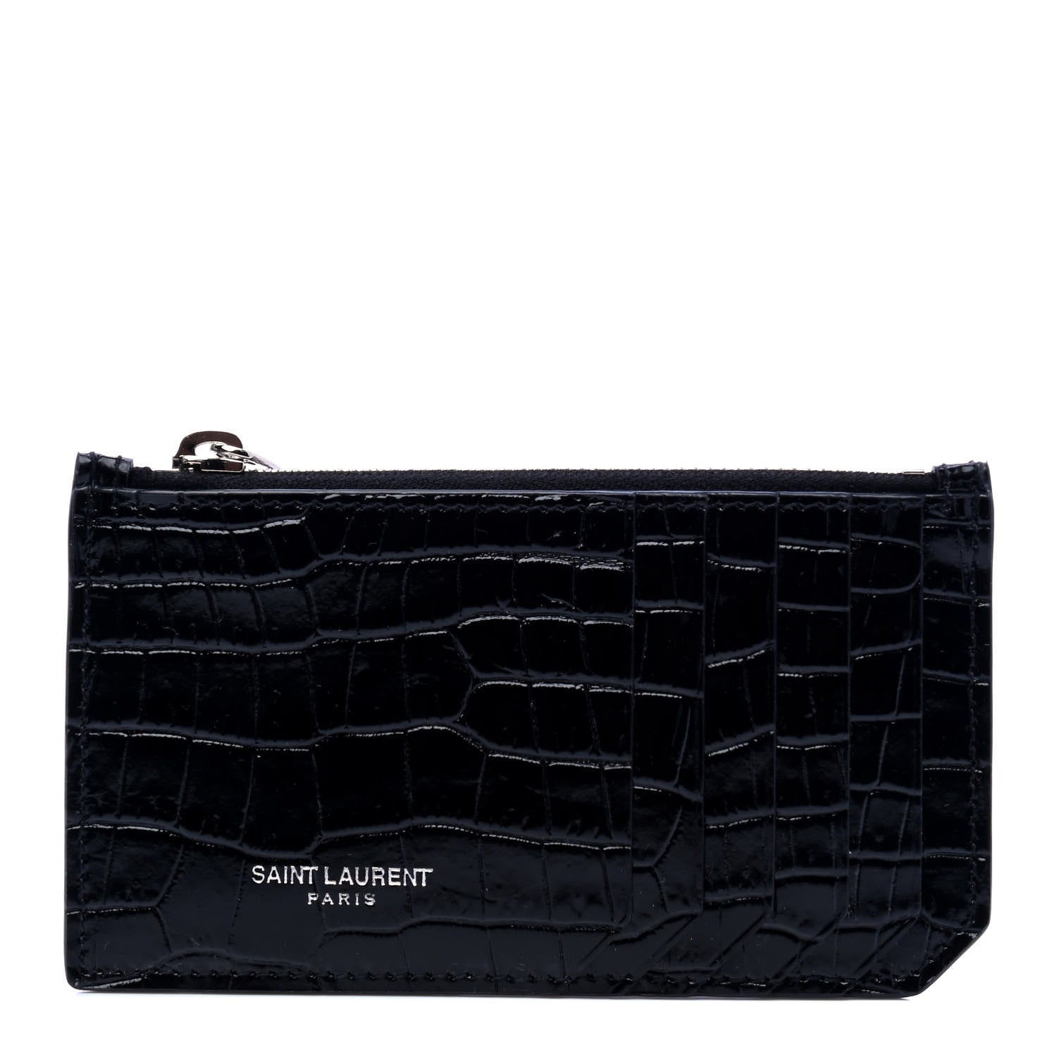 Saint Laurent Calfskin Crocodile Embossed 5 Fragments Zip Pouch Card Holder Black 1 of 6