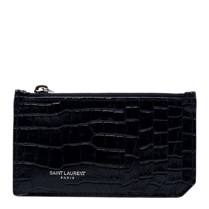 Saint Laurent Calfskin Crocodile Embossed 5 Fragments Zip Pouch Card Holder Black 1 of 6