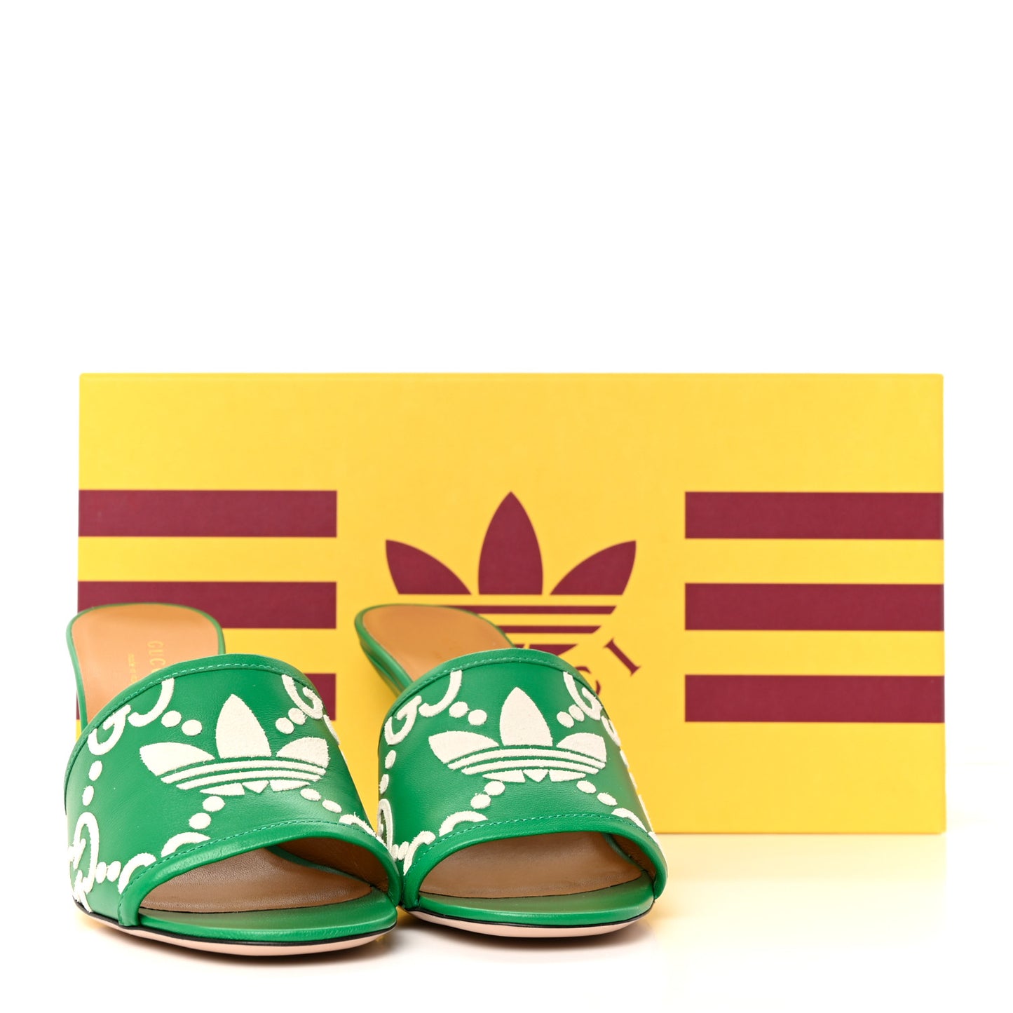 X ADIDAS Nappa Charlotte Suede Monogram Jumbo GG Trefoil 75mm Slide Sandals 37 New Shamarock Ivoire