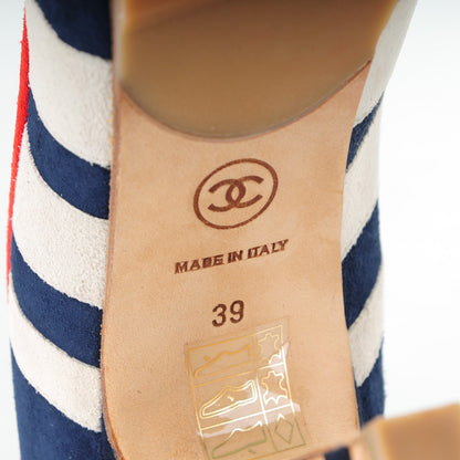 Chanel Suede Cork CC Striped Pumps 39 Navy White 6 of 9