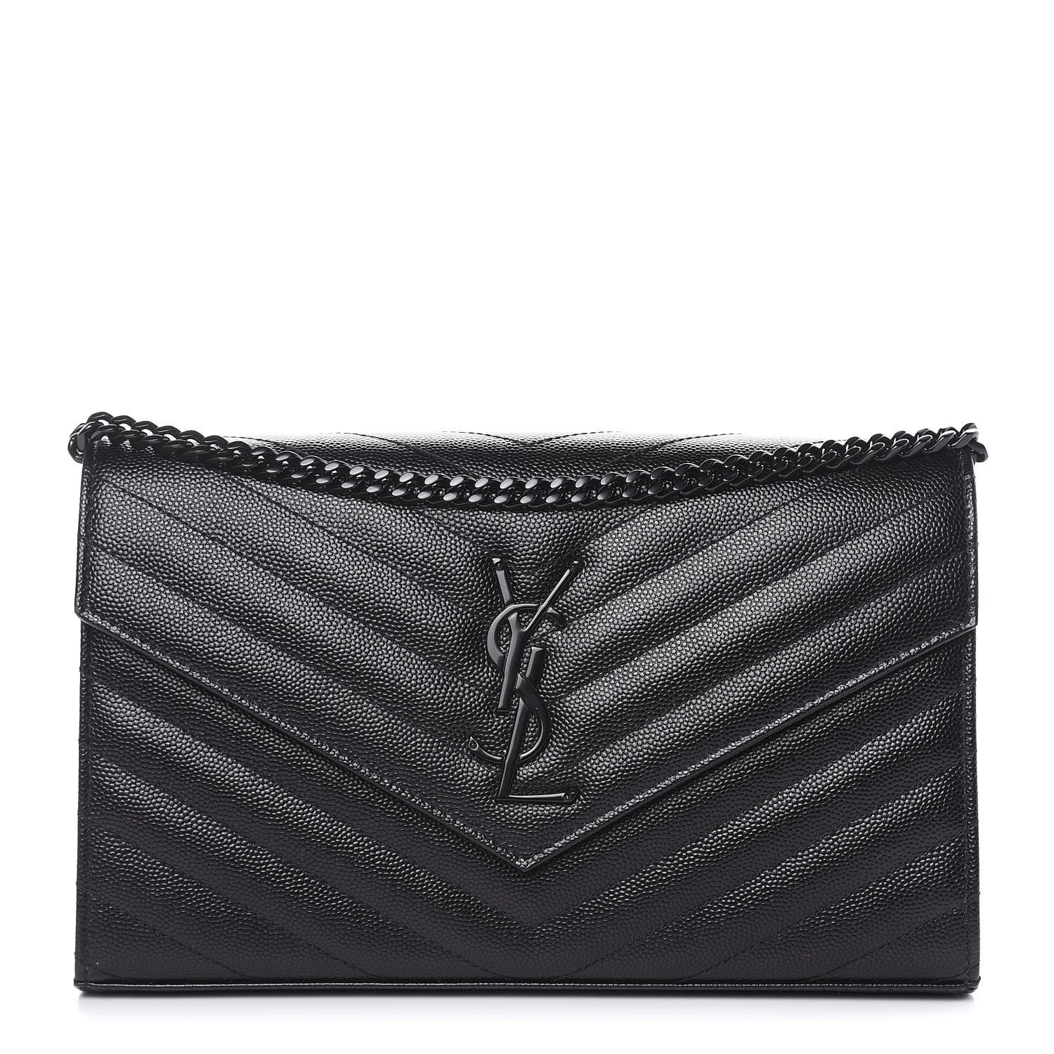 Saint Laurent Grain De Poudre Matelasse Chevron Monogram Chain Wallet Black 1 of 8