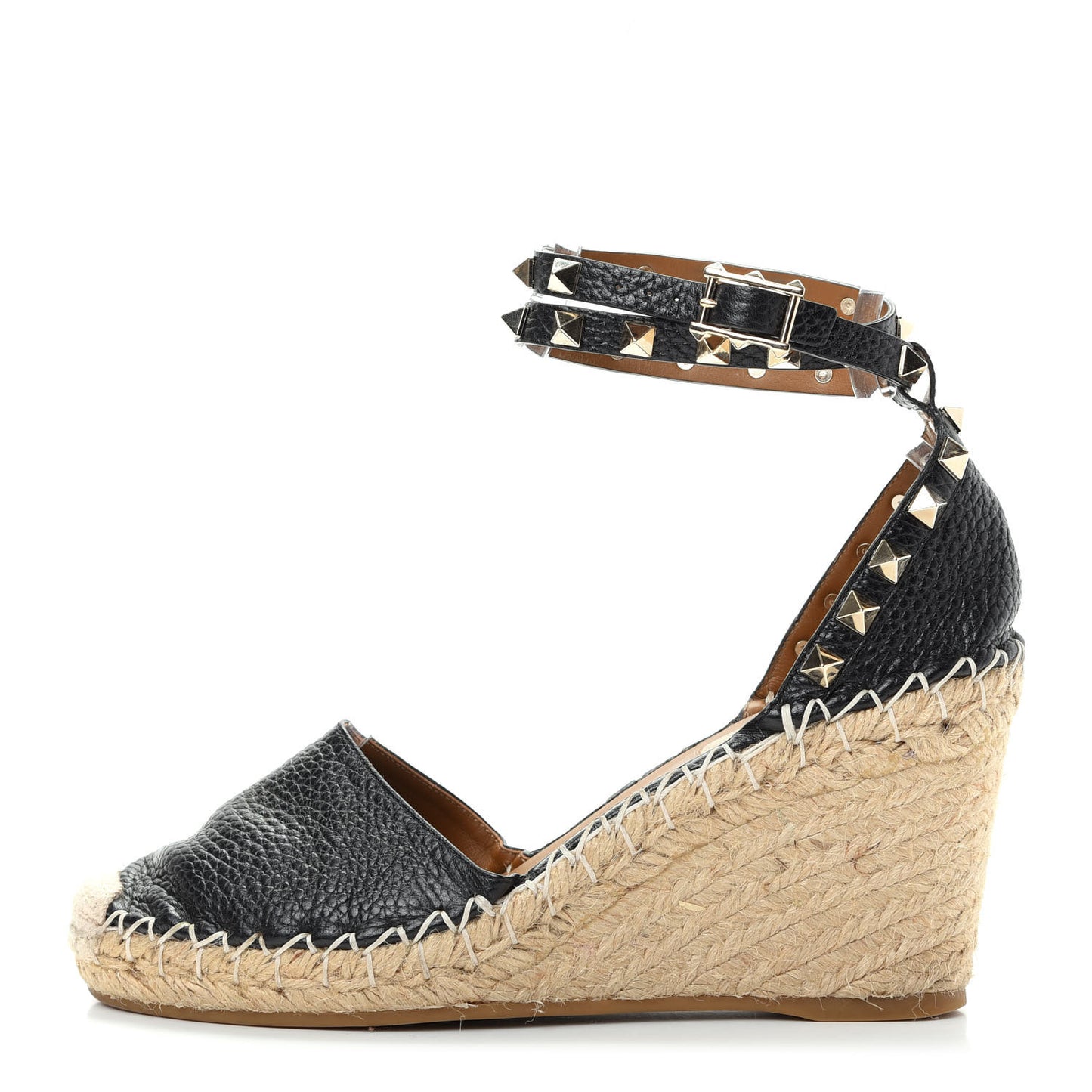 Grained Calfskin Rockstud Ankle Wrap Espadrille 15/85mm Wedges 36 Black Light Cuir