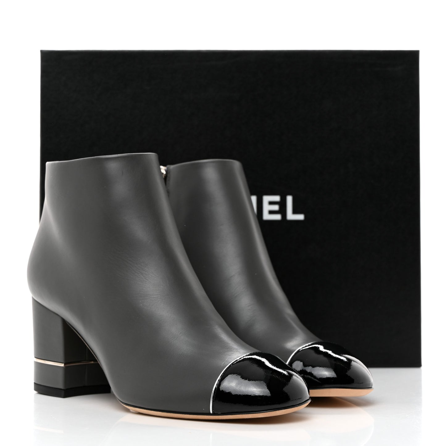 Calfskin Patent CC Cap Toe Ankle Booties 36 Grey Black