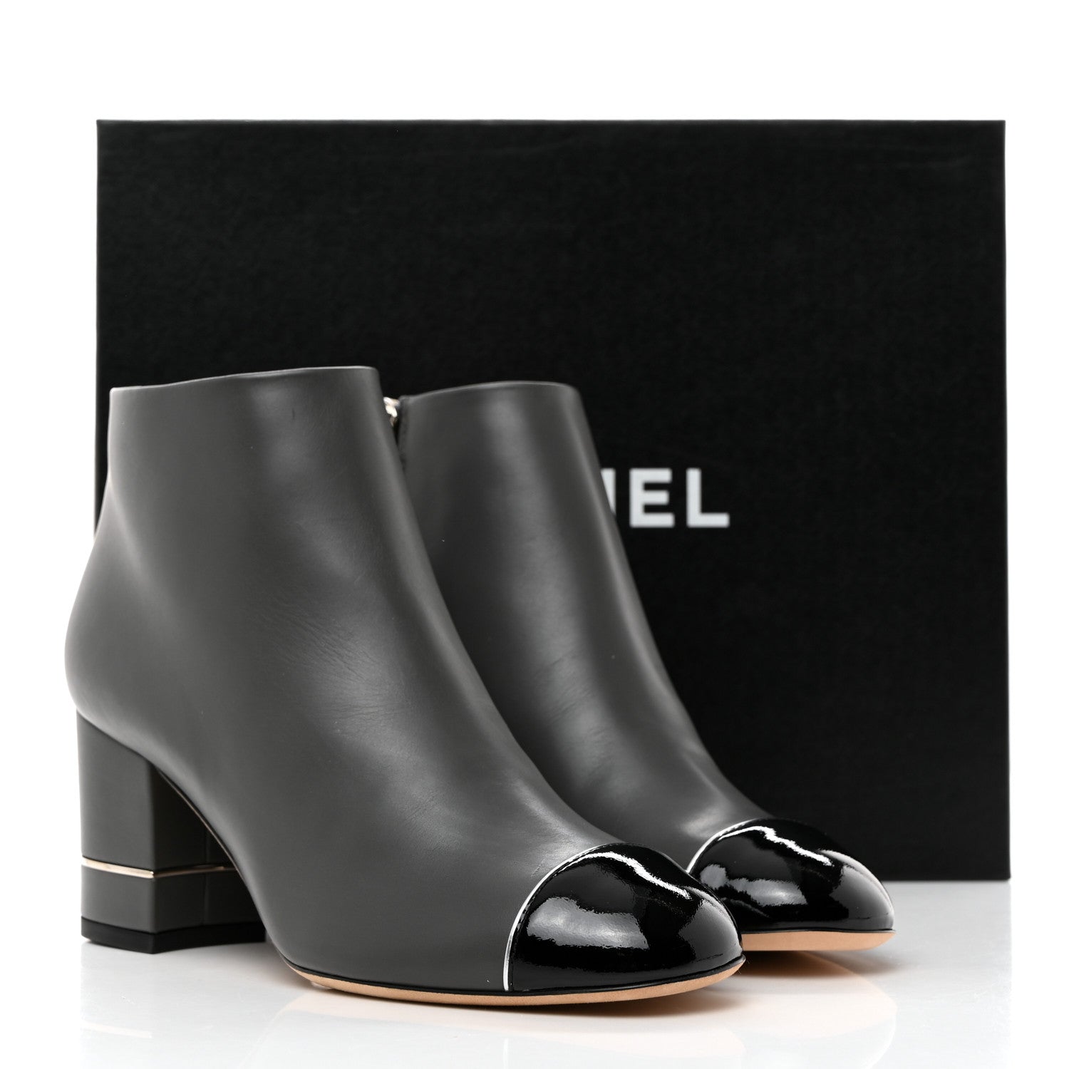 Chanel Calfskin Patent CC Cap Toe Ankle Booties 36 Grey Black 9 of 9