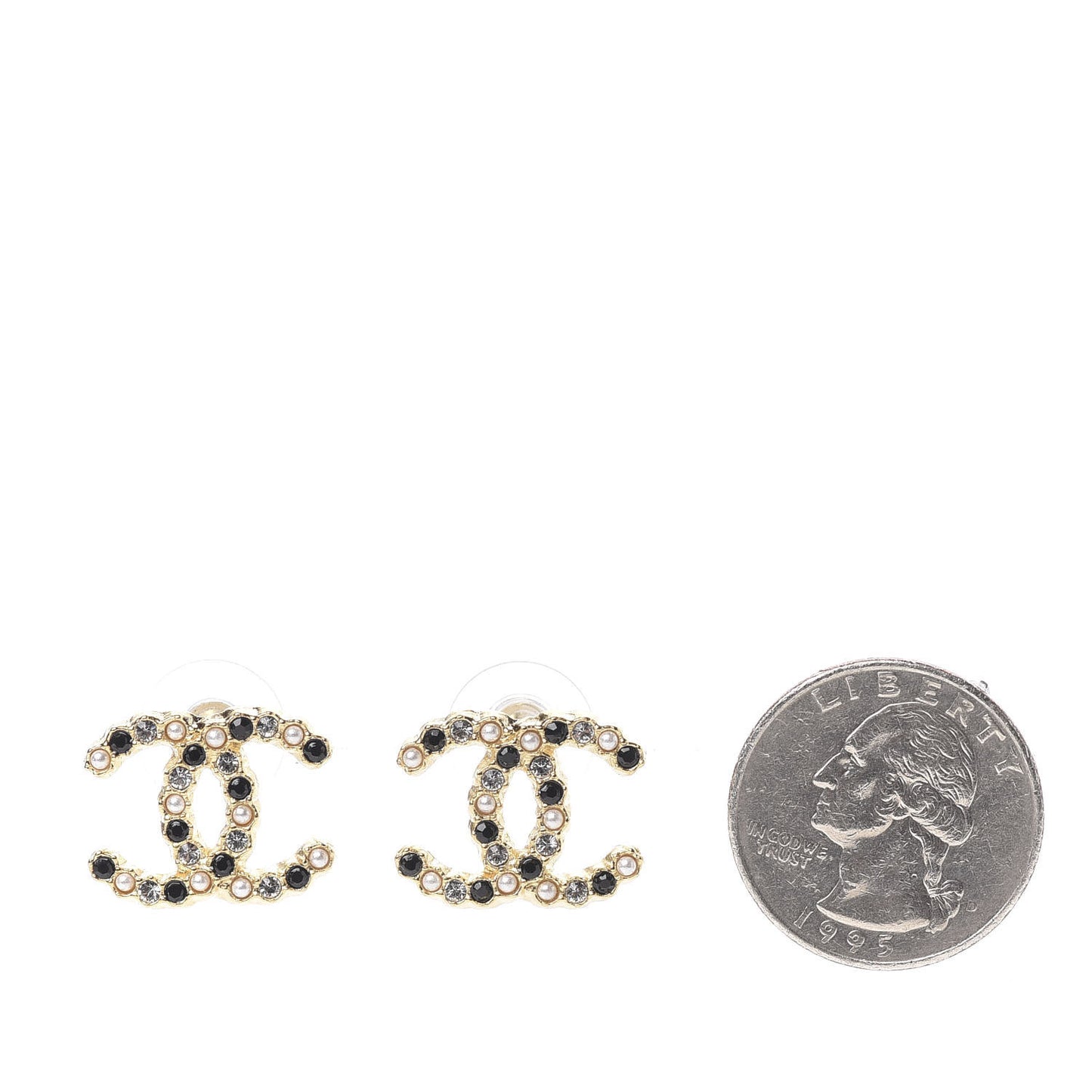 Resin Pearl Crystal CC Earrings Gold Black