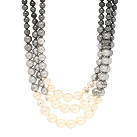 Graduated Pearl CC Multi Strand Short Necklace Ruthenium Grey Black
