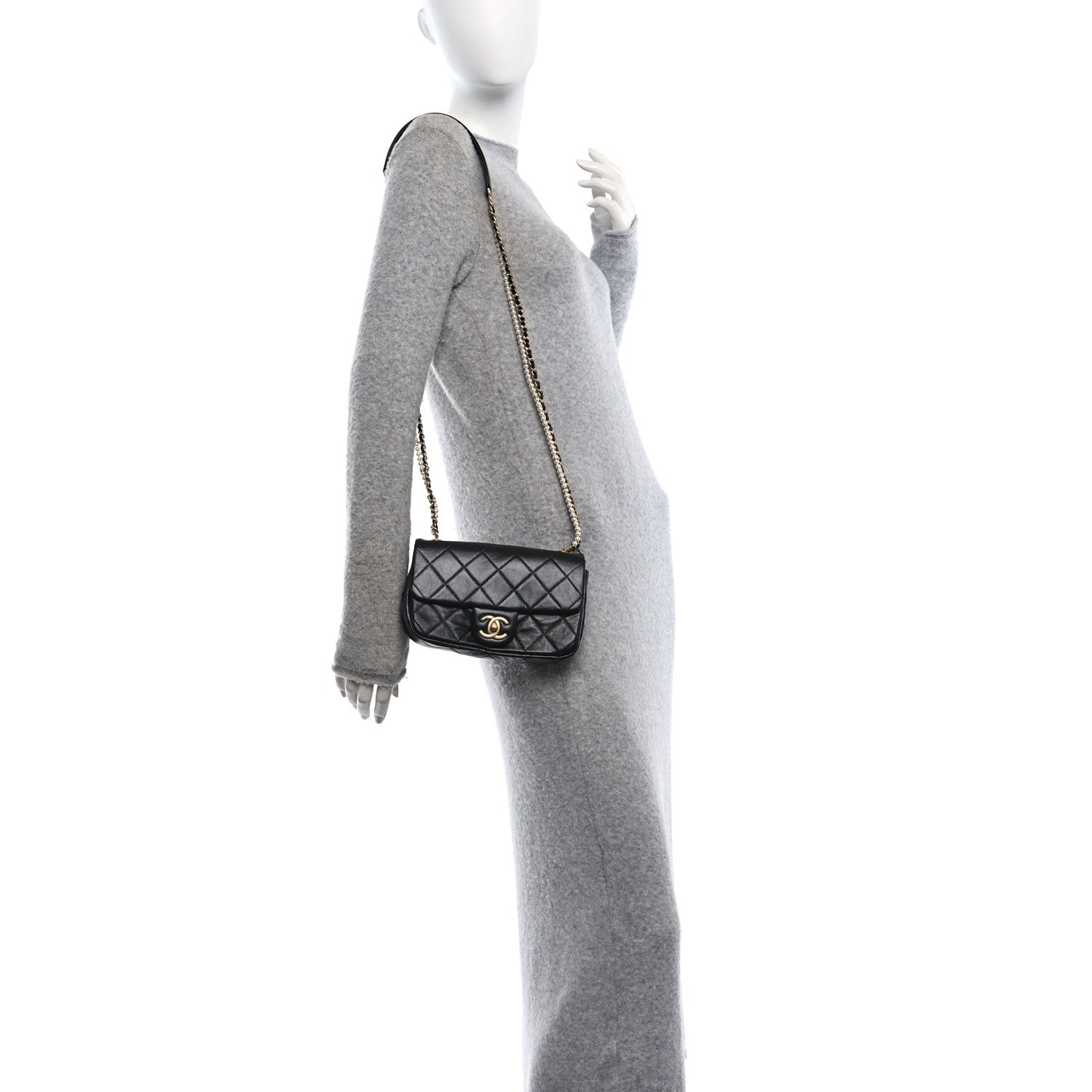 Calfskin Quilted Mini Rectangular Crystal Pearls Chain Flap Black