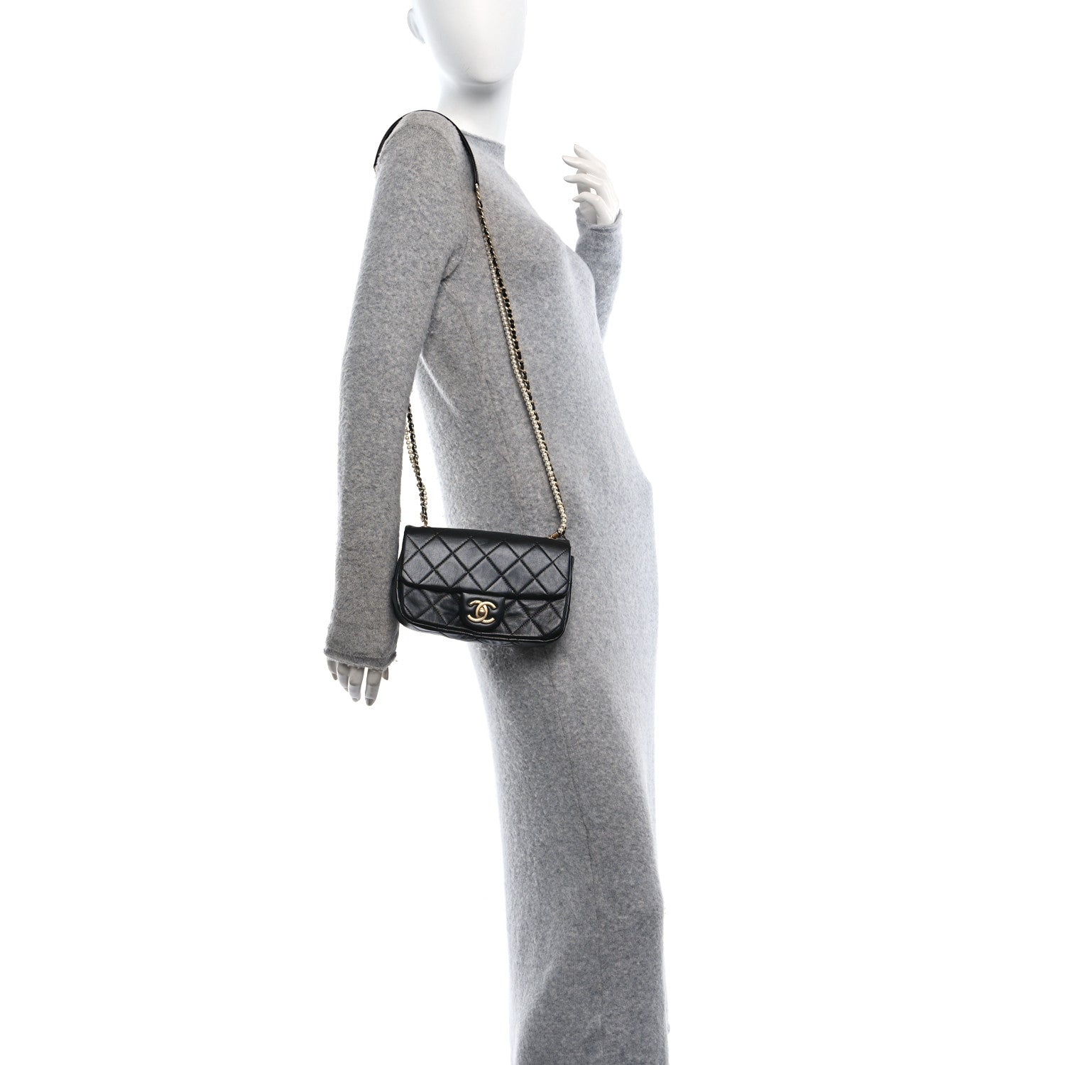 Chanel Calfskin Quilted Mini Rectangular Crystal Pearls Chain Flap Black 2 of 11