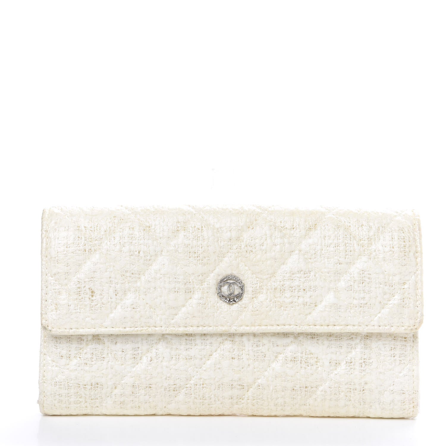 Chanel Tweed Quilted Zip Flap Wallet White 1 of 13