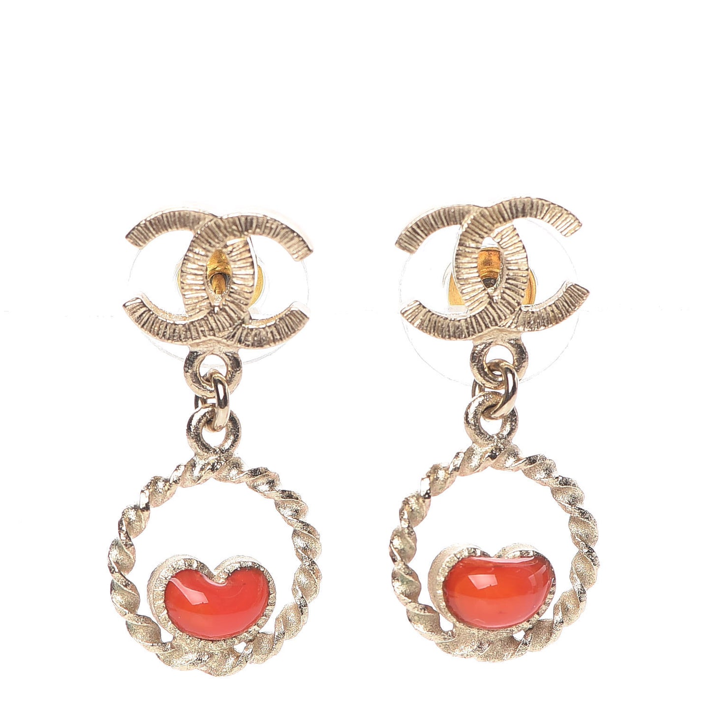 Enamel CC Heart Drop Earrings Red Gold