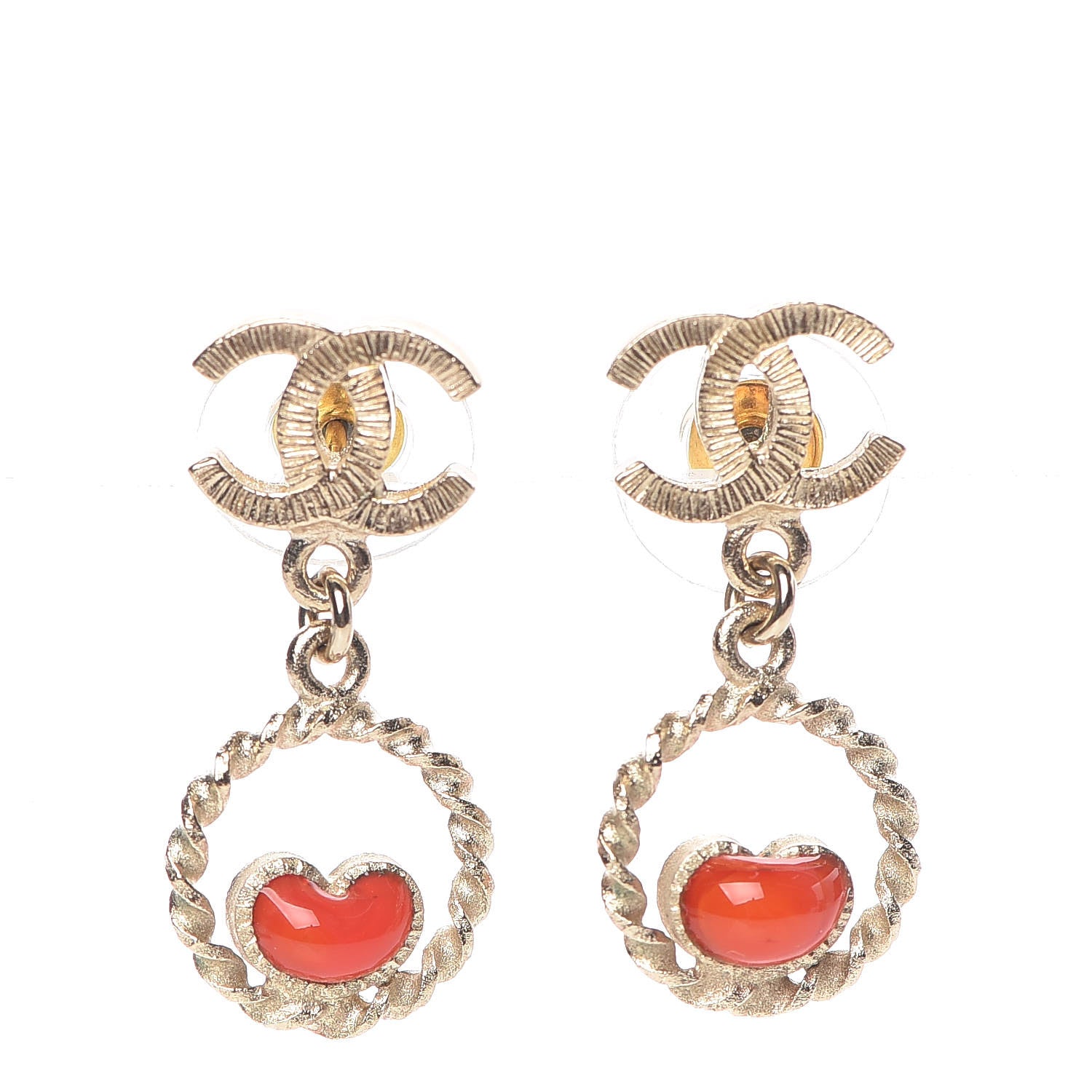 Chanel Enamel CC Heart Drop Earrings Red Gold 1 of 4