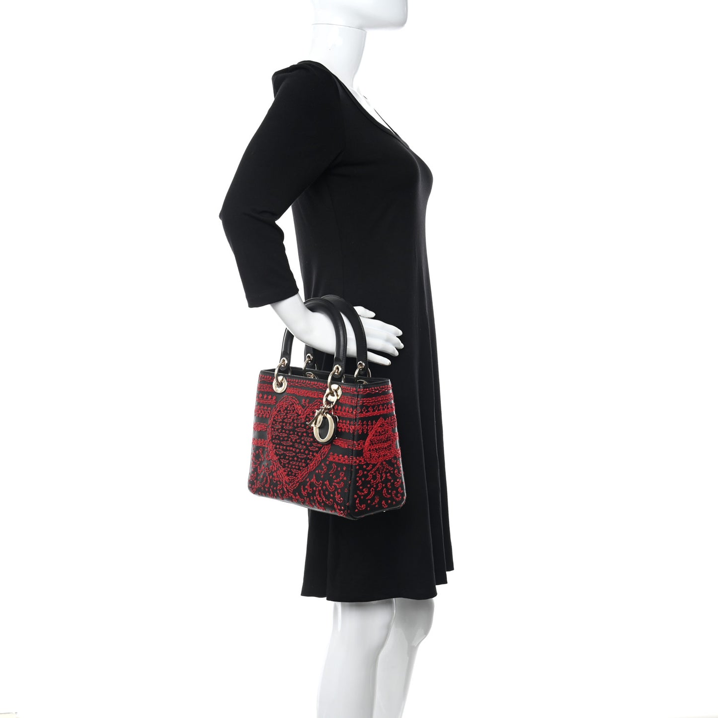 Smooth Calfskin Embroidered Heart Medium Lady Dior Black