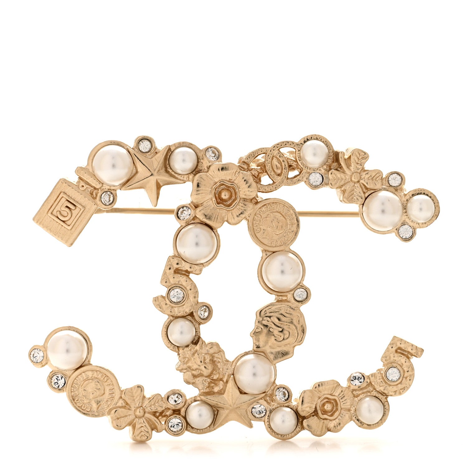 Chanel Crystal Pearl CC Charms Brooch Gold 1 of 4