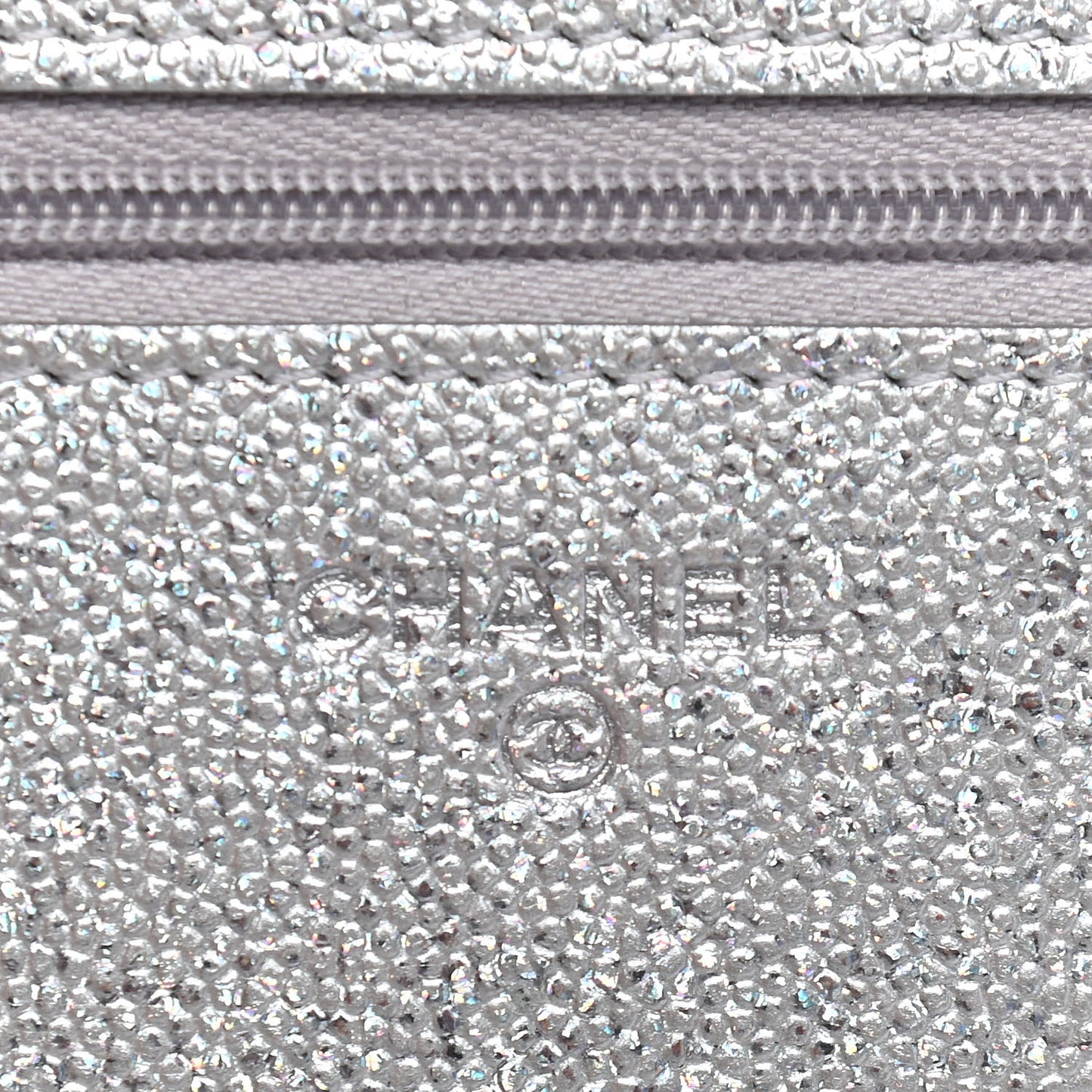 Glittered Metallic Caviar Quilted Wallet On Chain WOC Silver