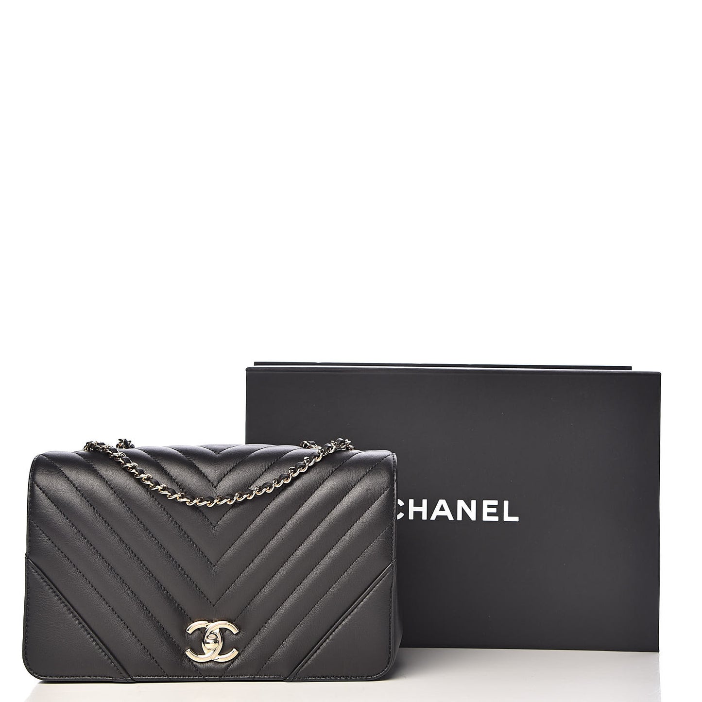 Calfskin Chevron Quilted Statement Flap Black
