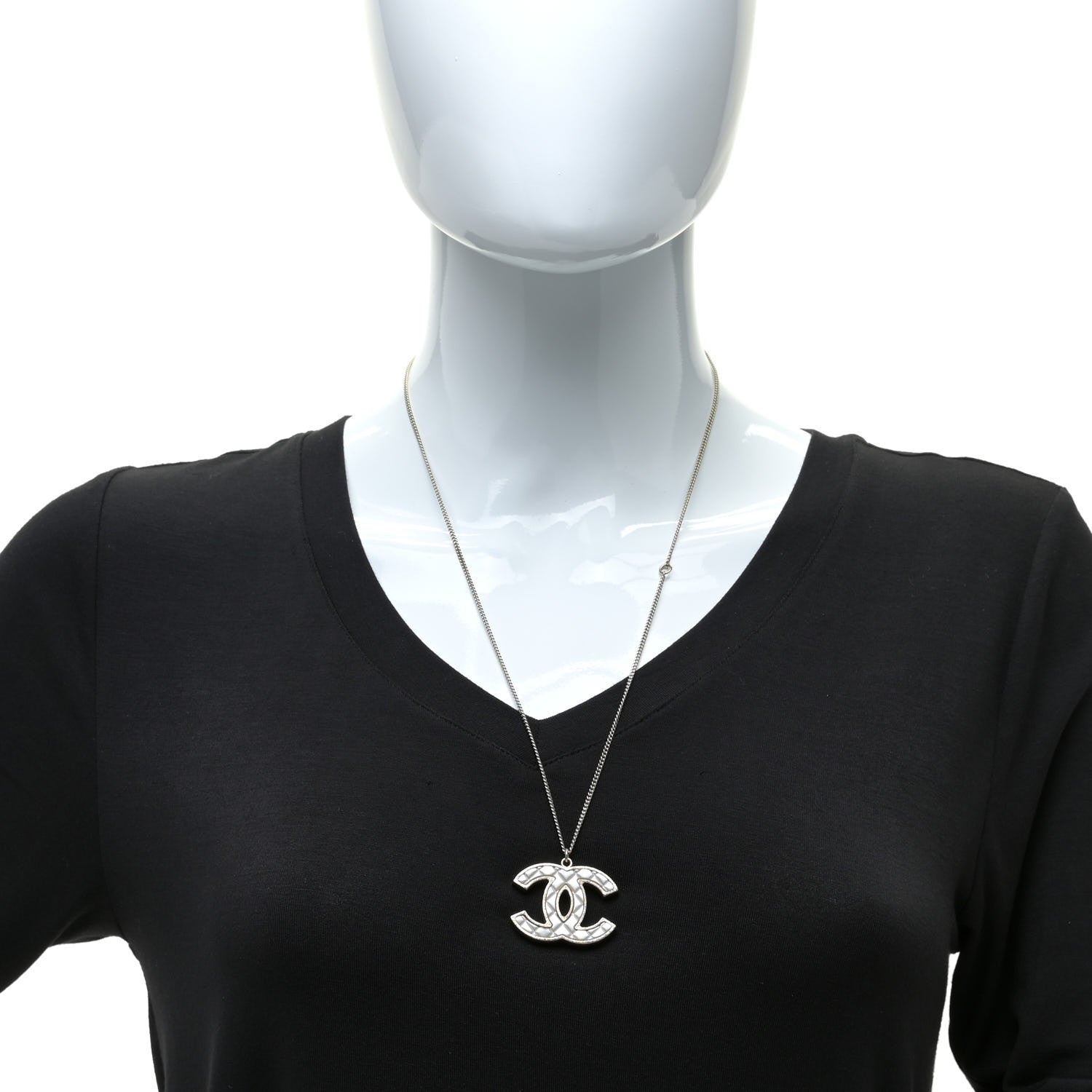 Chanel Metal Quilted CC Pendant Necklace Gold White 2 of 7