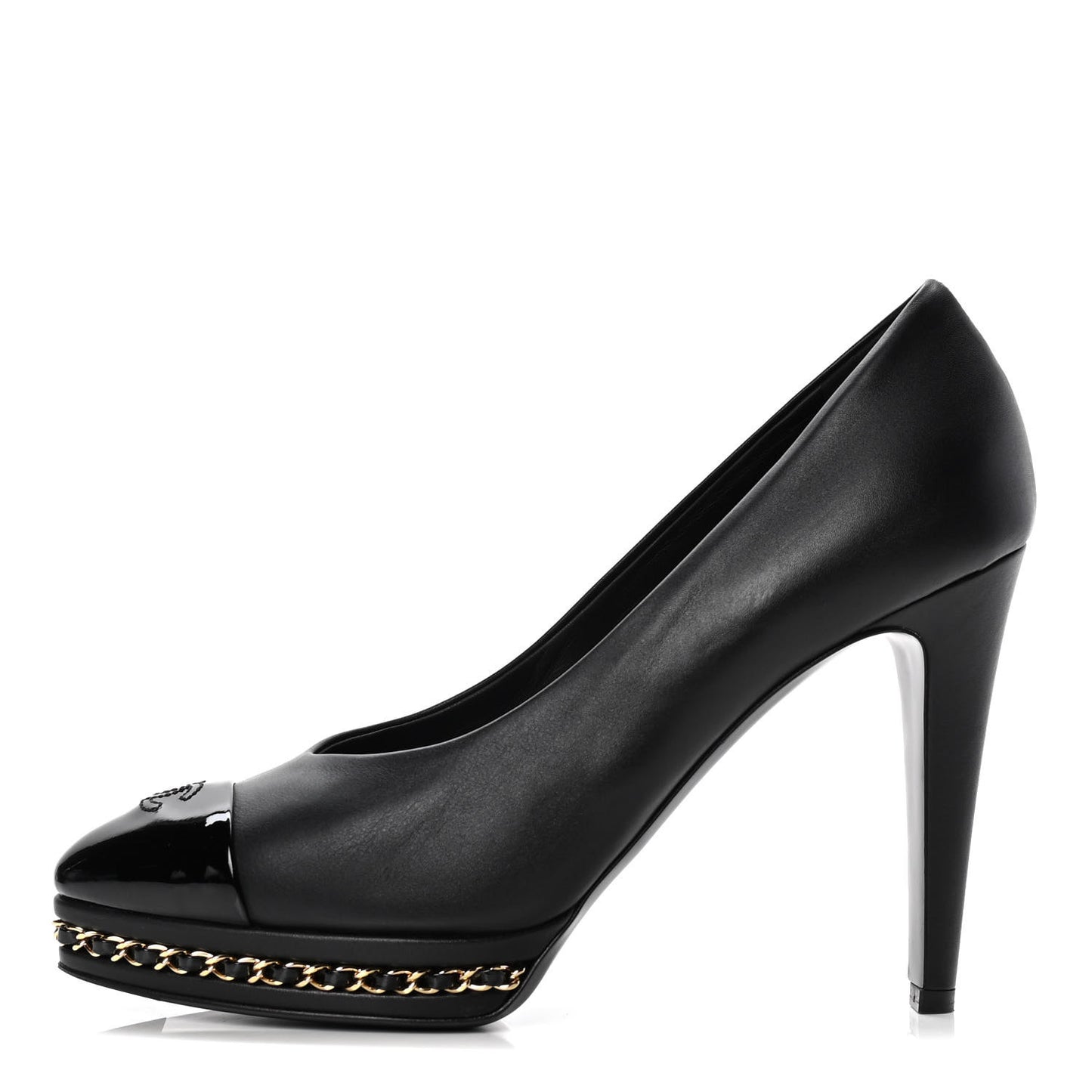 Calfskin Patent Cap Toe Chain Pumps 38.5 Black