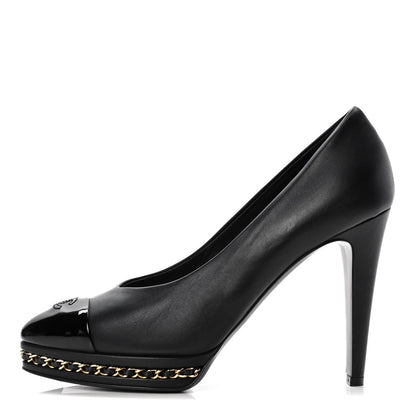 Chanel Calfskin Patent Cap Toe Chain Pumps 38.5 Black 1 of 12