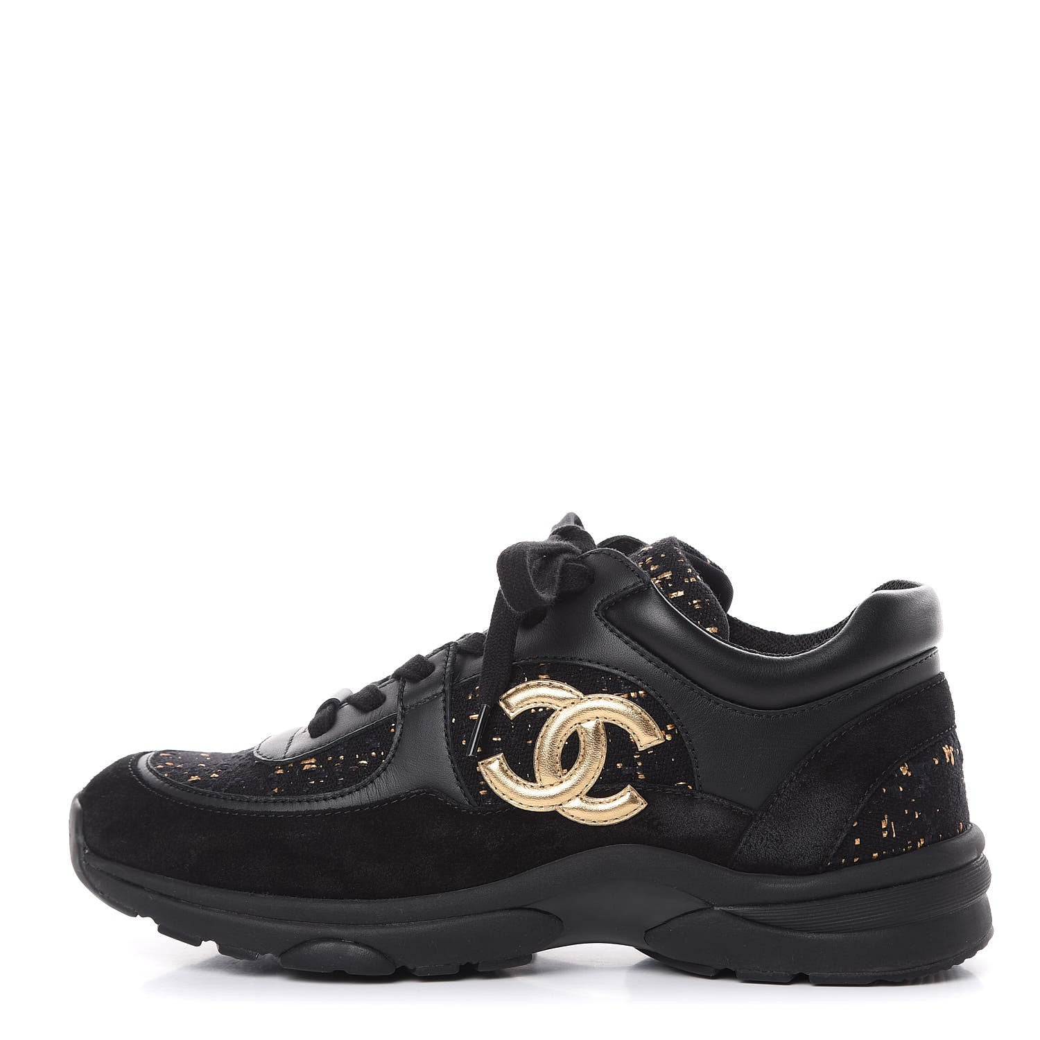 Chanel Suede Tweed CC Sneakers 38.5 Black Gold 1 of 8