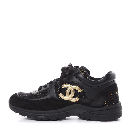 Chanel Suede Tweed CC Sneakers 38.5 Black Gold 1 of 8